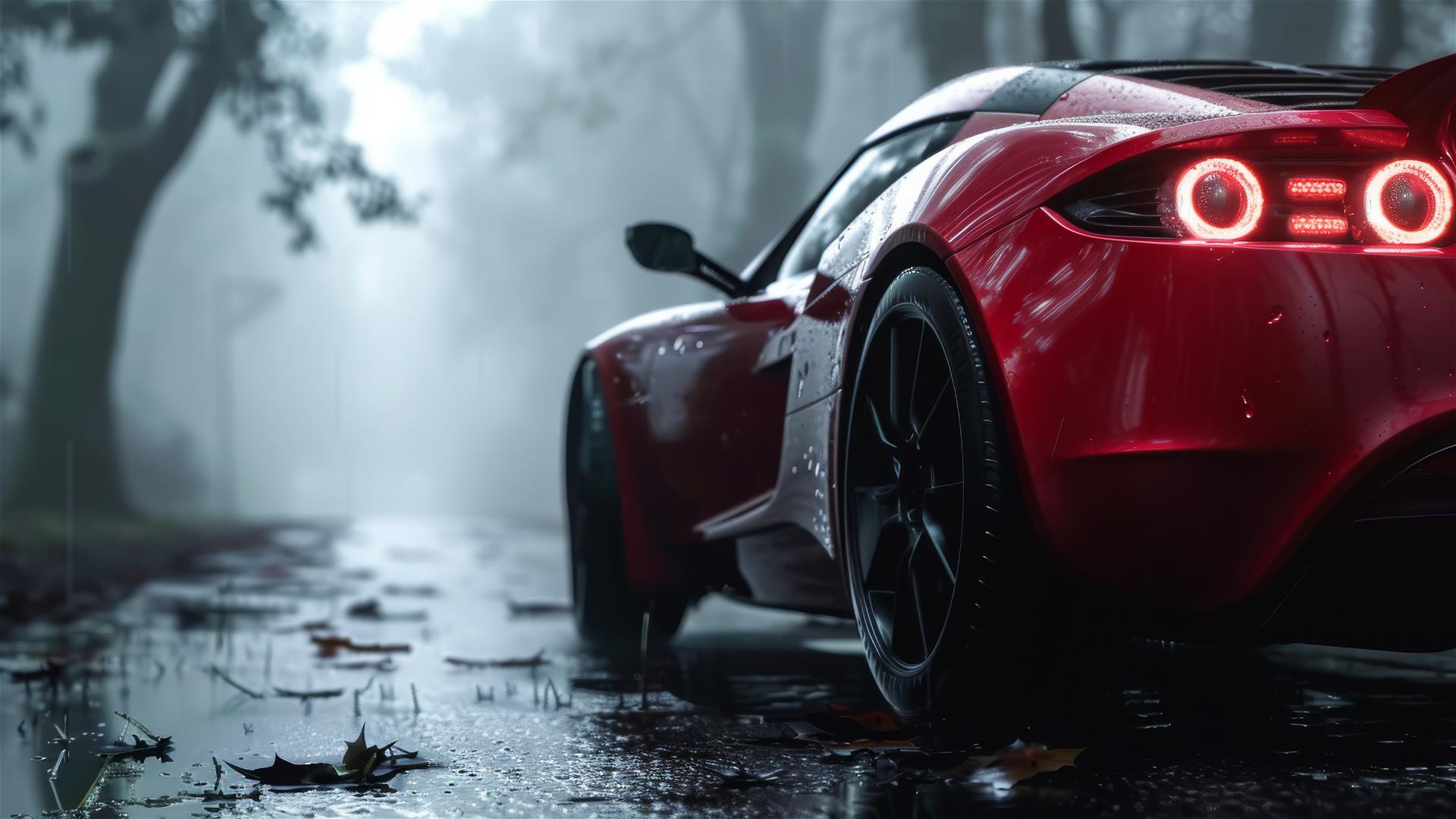 Tesla Roadster in dim lighting, gothic gloomy atmosphere, closeup, foggy background, 8k photorealistic