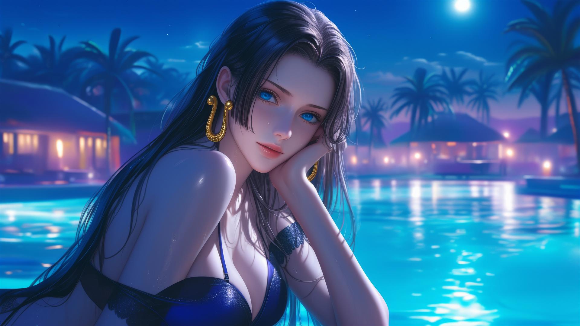 Boa Hancock from One Piece, resting by the swimming pool under the moonlight