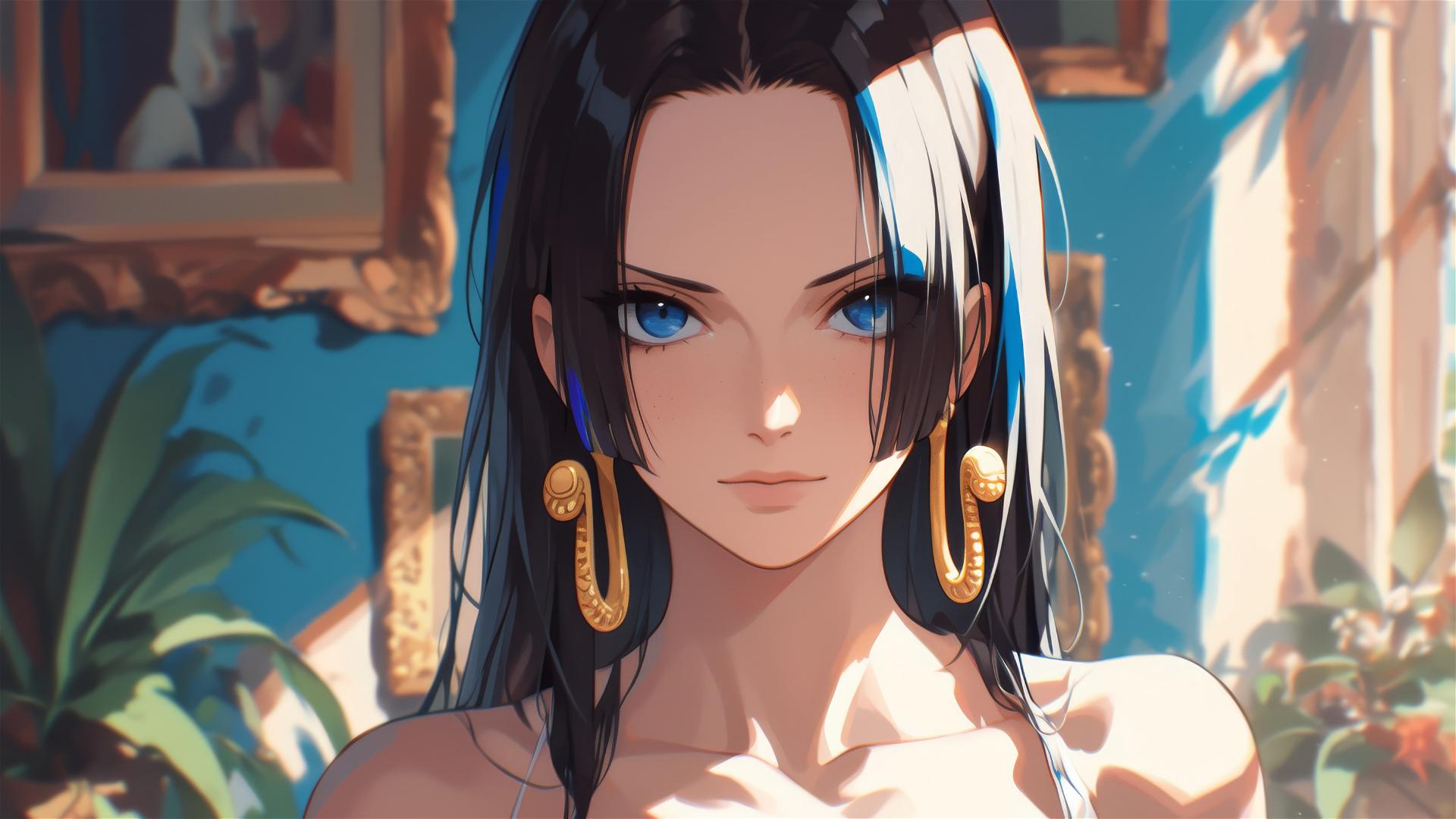 Boa Hancock from One Piece wanders an art gallery under soft lighting
