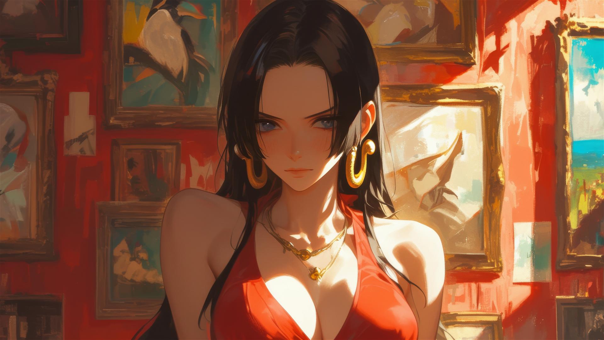 Boa Hancock wandering through an art gallery with soft lighting highlight
