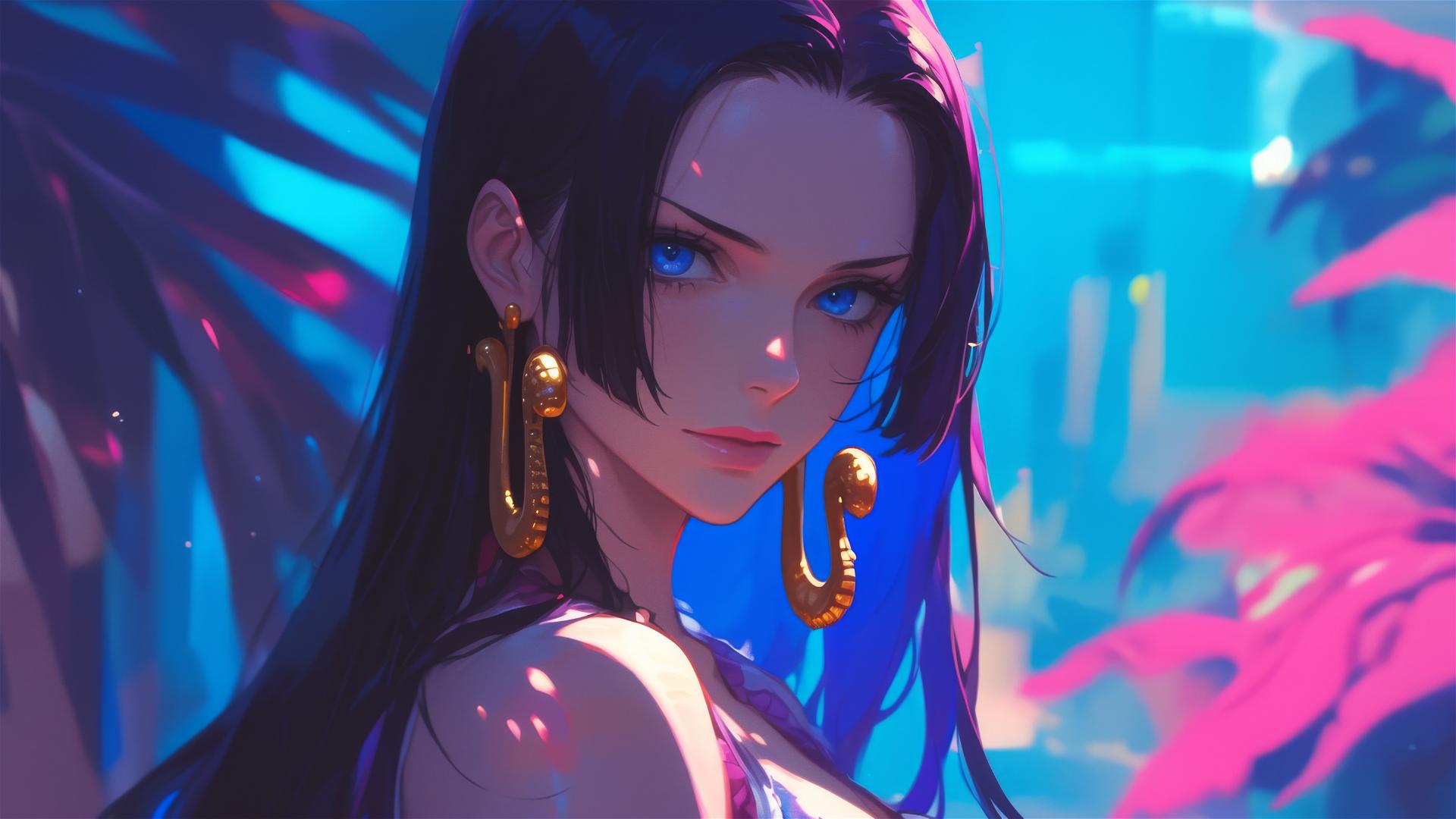 Boa Hancock from One Piece in an art gallery with soft lighting