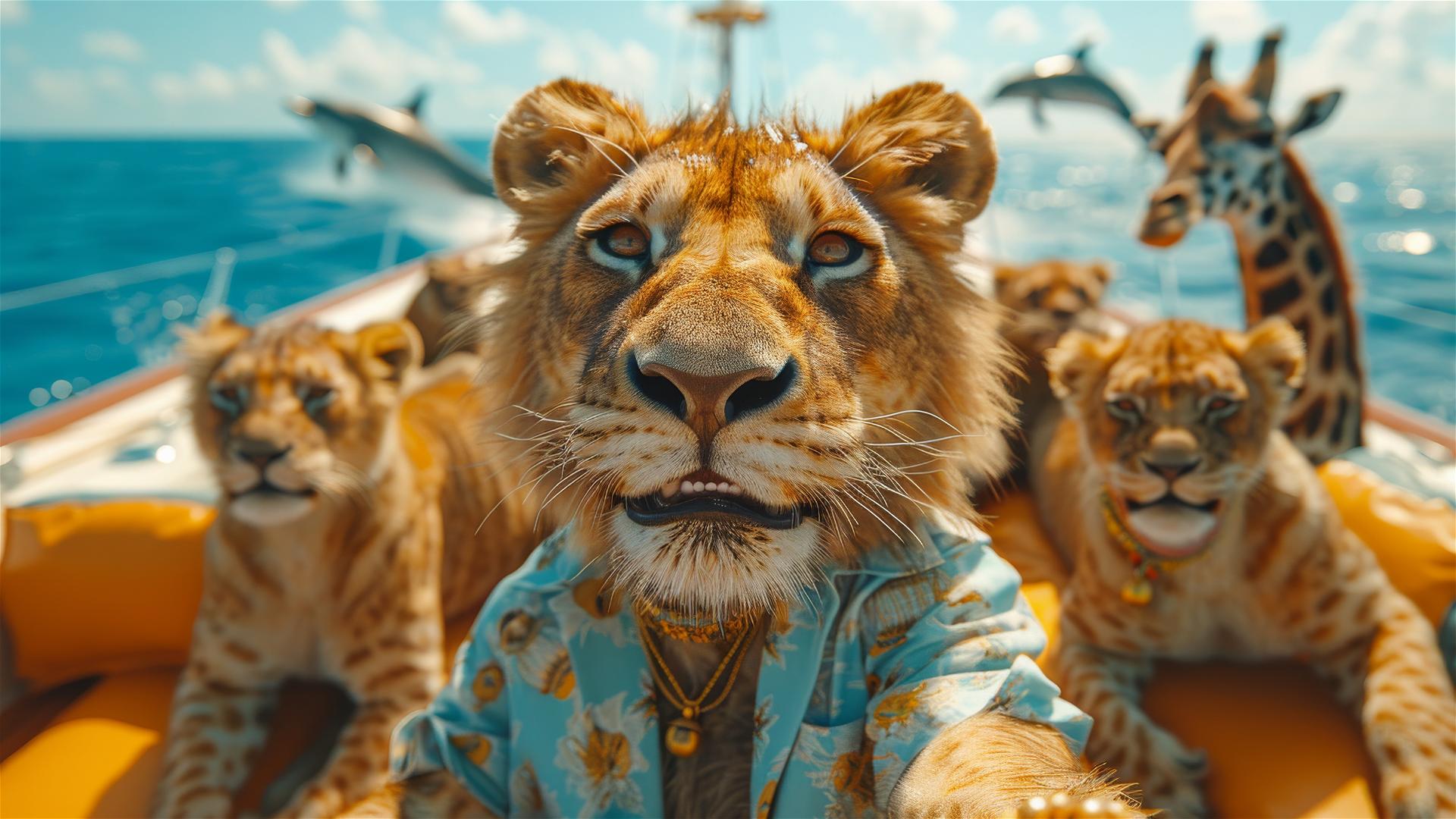 a scene from camera front phone, lion taking selfie picture on a yacht, lion wearing blue shirt and gold necklace, giraffe and bird taking image with lion wearing shirts, dolphins jumping on water, wide angel shot, pure blue sea