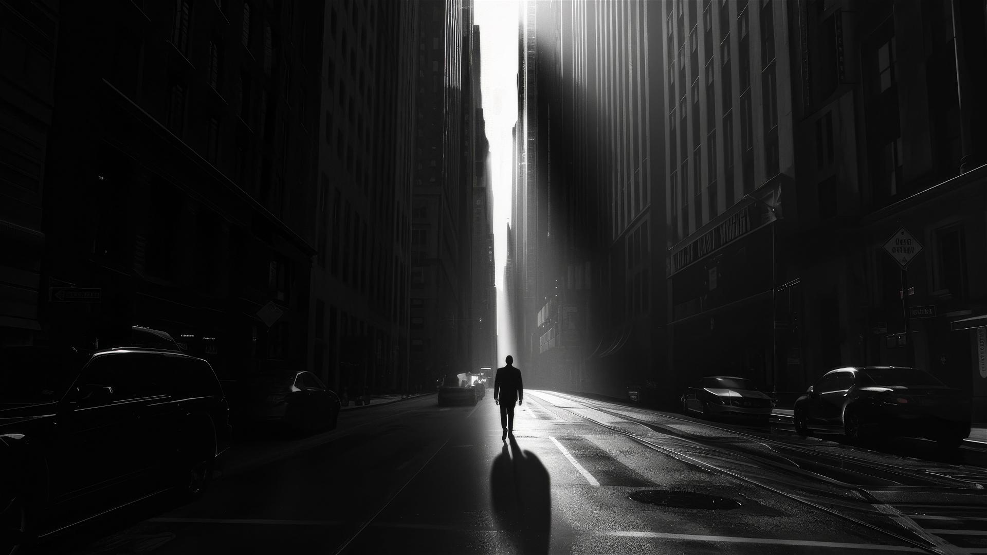 Lone figure casting a grand shadow with visions of a global enterprise on a dimly lit city street