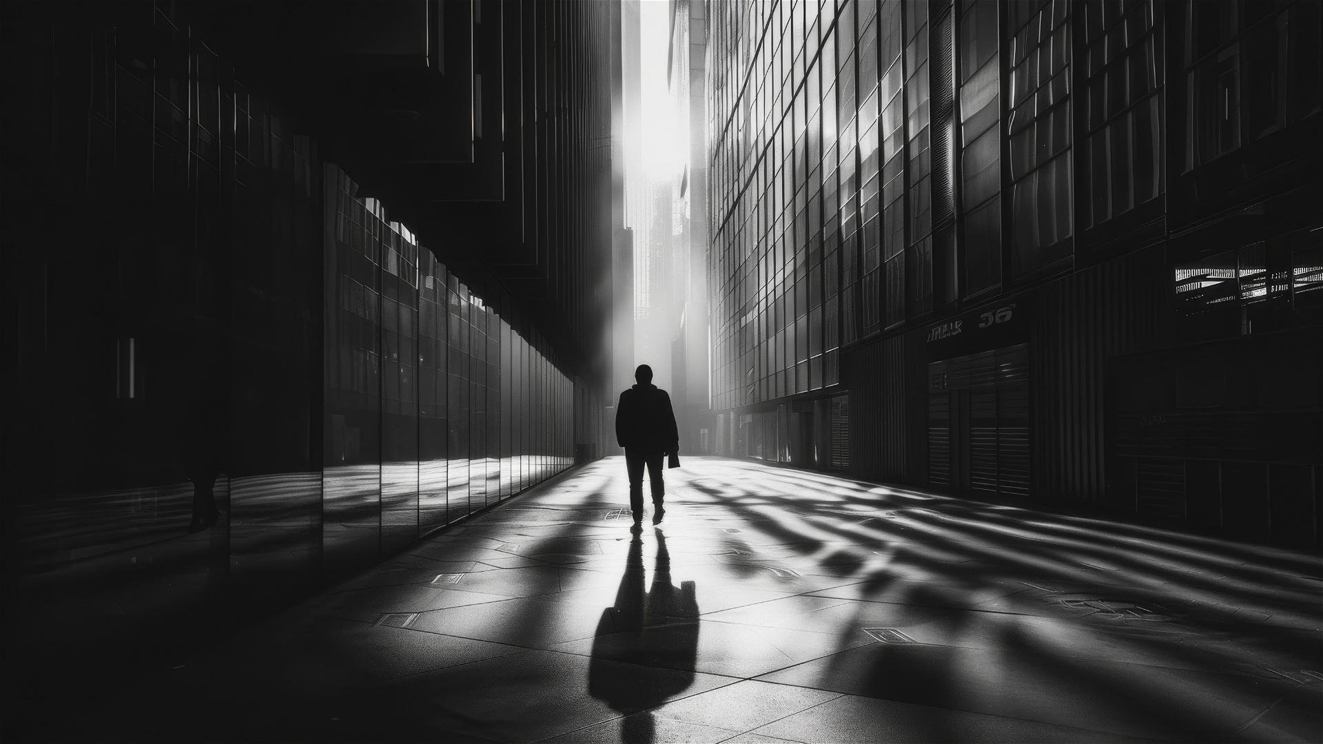 Lone figure with shadow of global enterprises on black and white city street