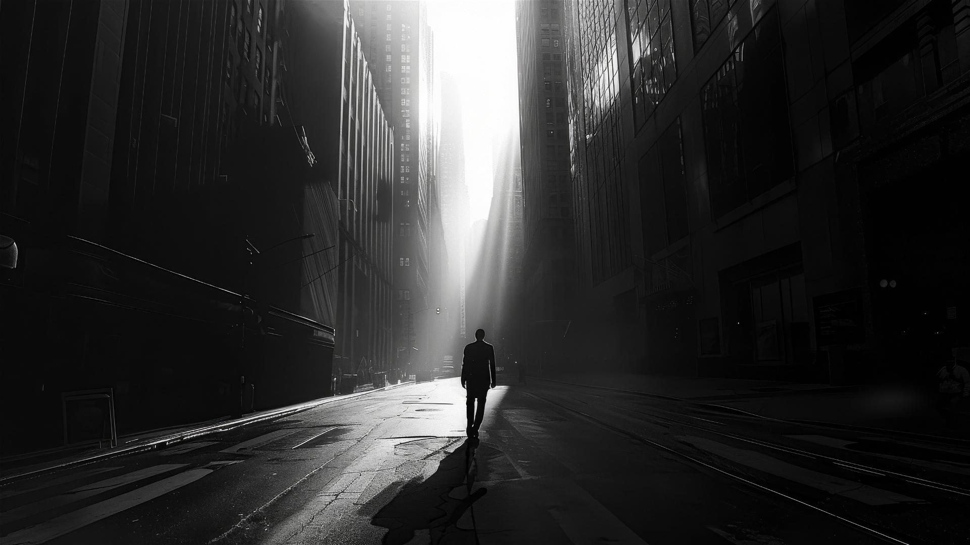 On a black and white city street, a lone figure casts a grand shadow, within which unfolds visions of a global enterprise, against a backdrop of dimly lit buildings