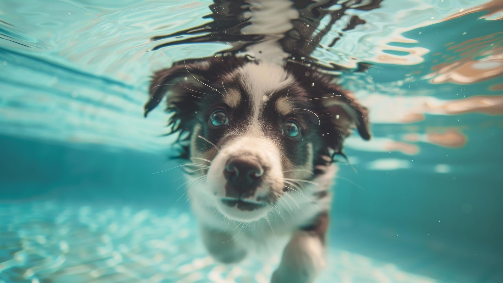 Underwater view of a smiling baby border collie swimming in a large pool during golden hour, ethereal atmosphere with shadow of ripples