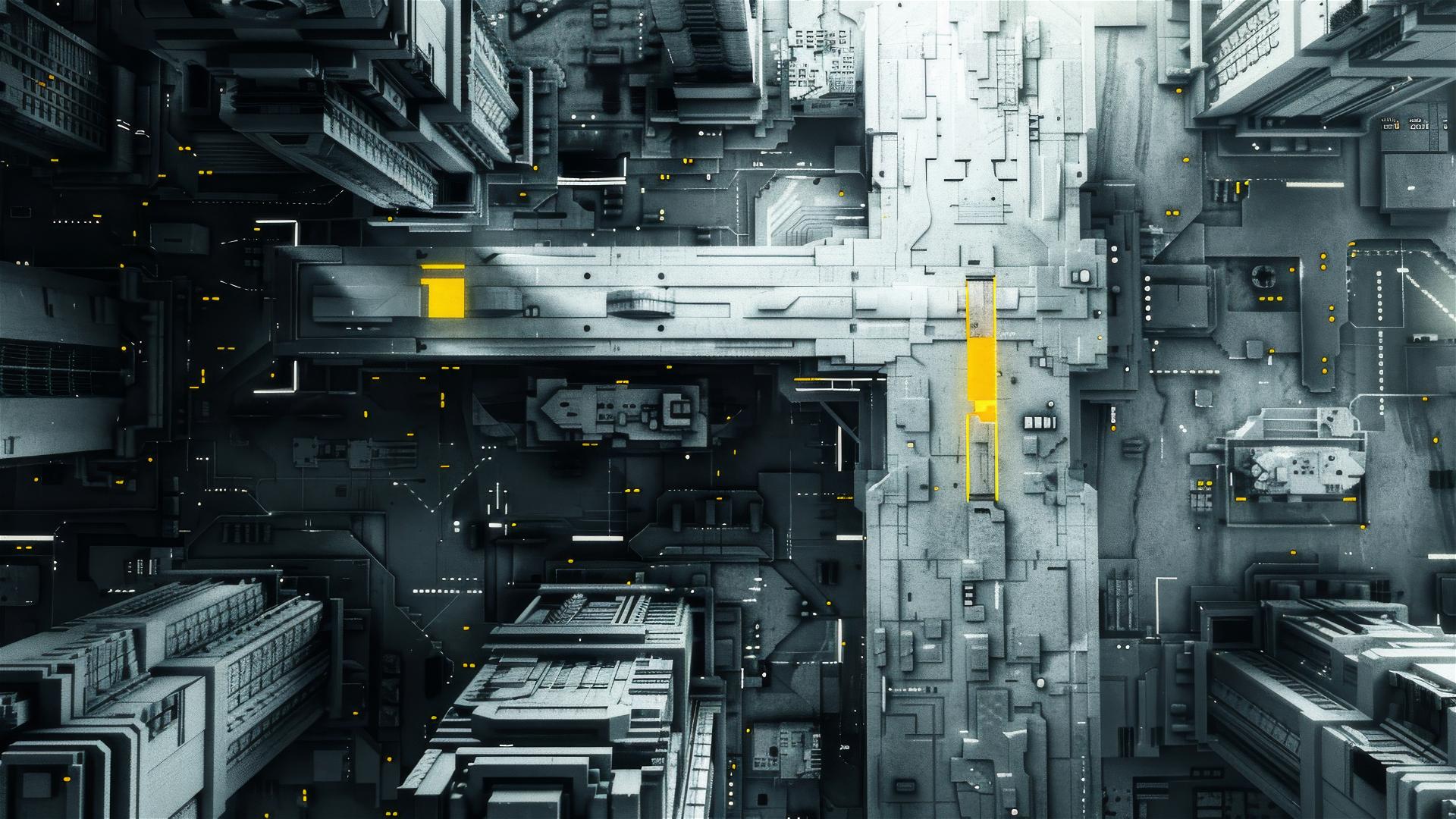 Drone photography of futuristic grayscale environment with a single yellow-lit building