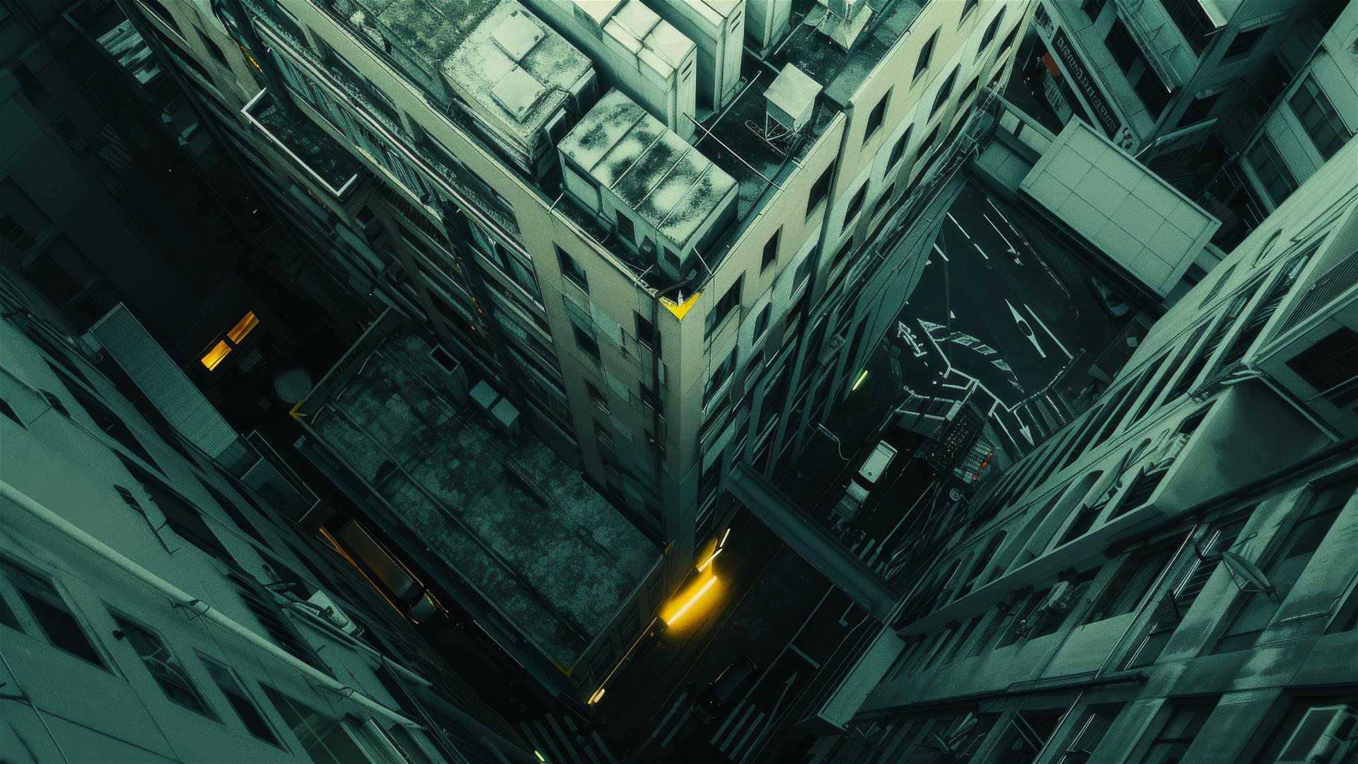 Cinematic drone photograph of a grayscale futuristic environment with a highlighted building with a single yellow light