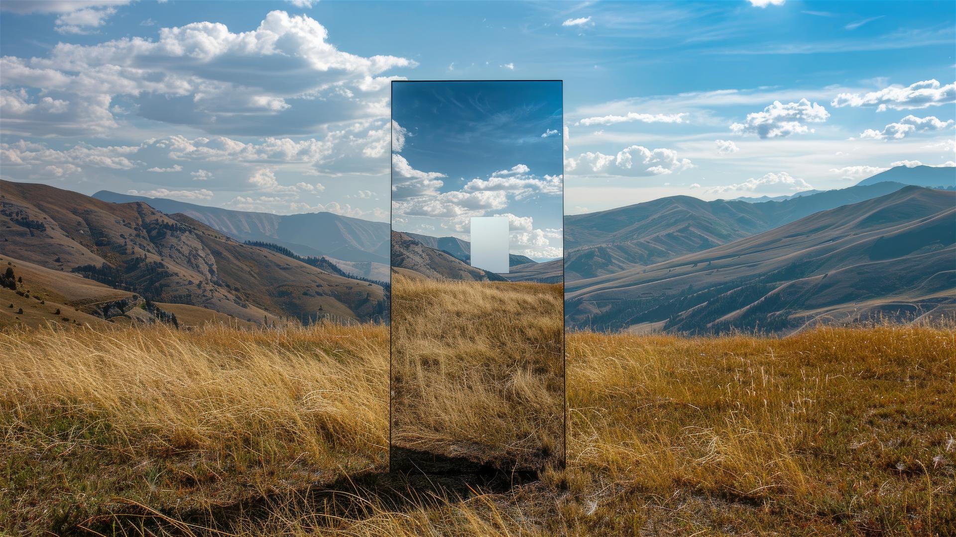 Mirror in mountain meadow with reflected conference room