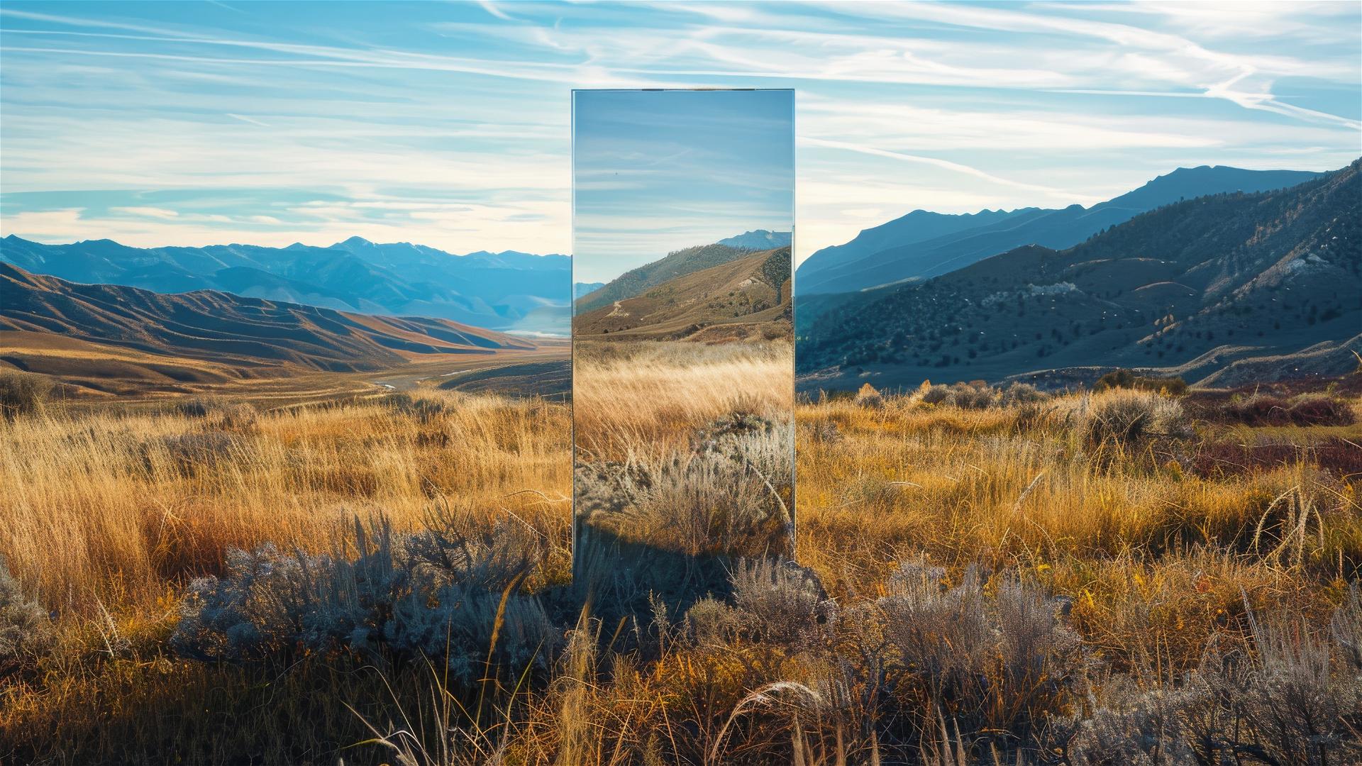 Mirror in a mountain meadow with a conference room reflected, no creatures around.