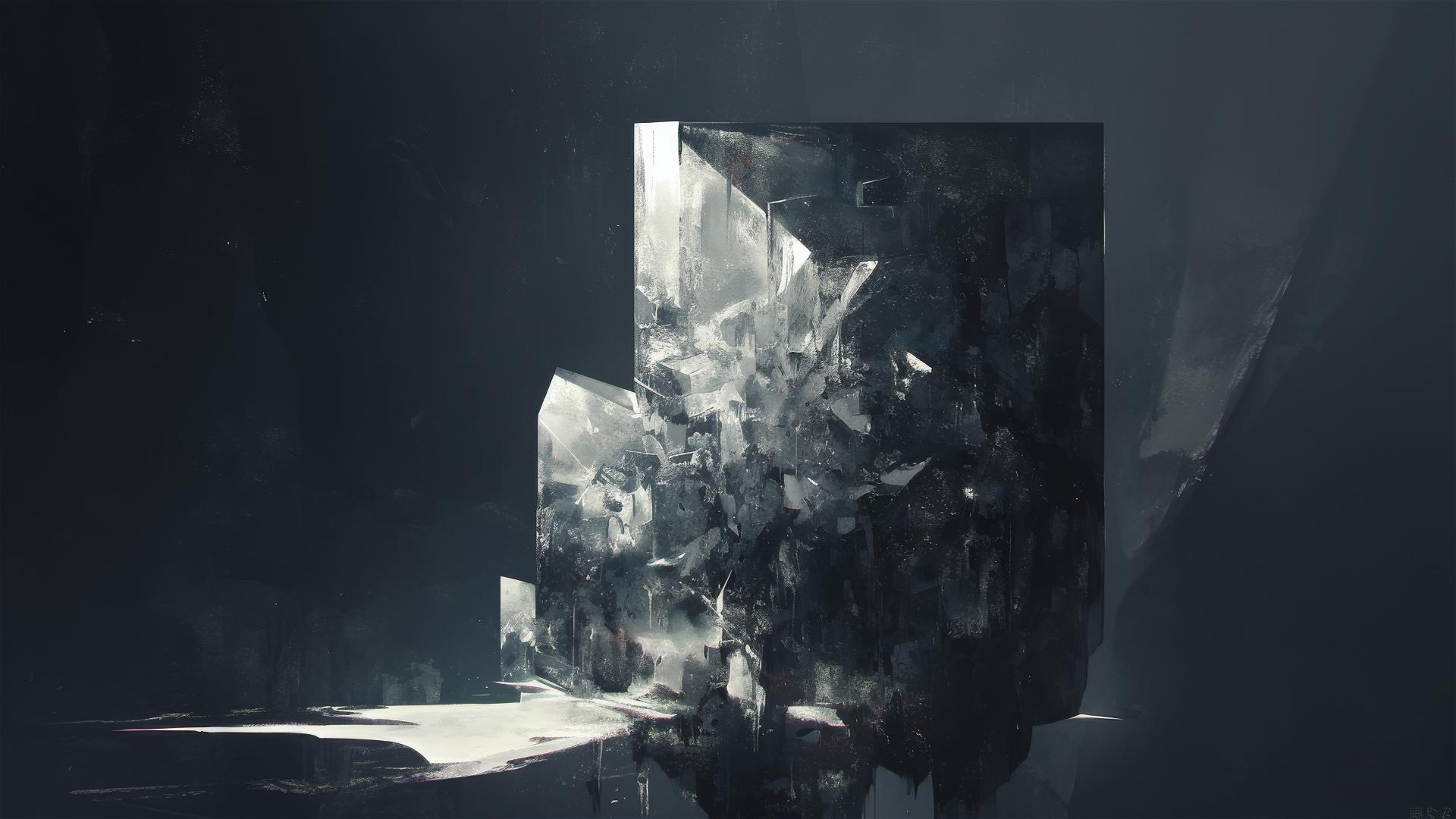 Black ice sculpture in a dark room with faint light reflections
