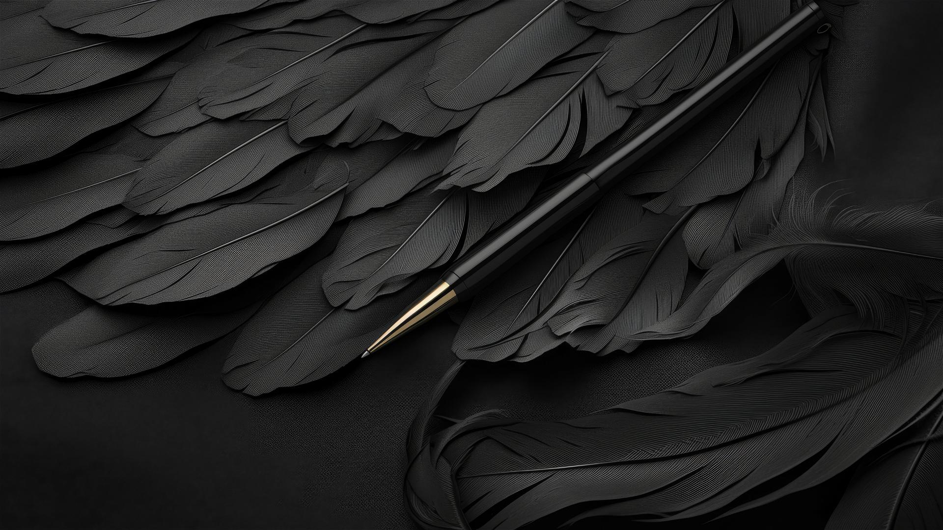 Dark grey quill on a pure black canvas, with a subtle metallic shimmer