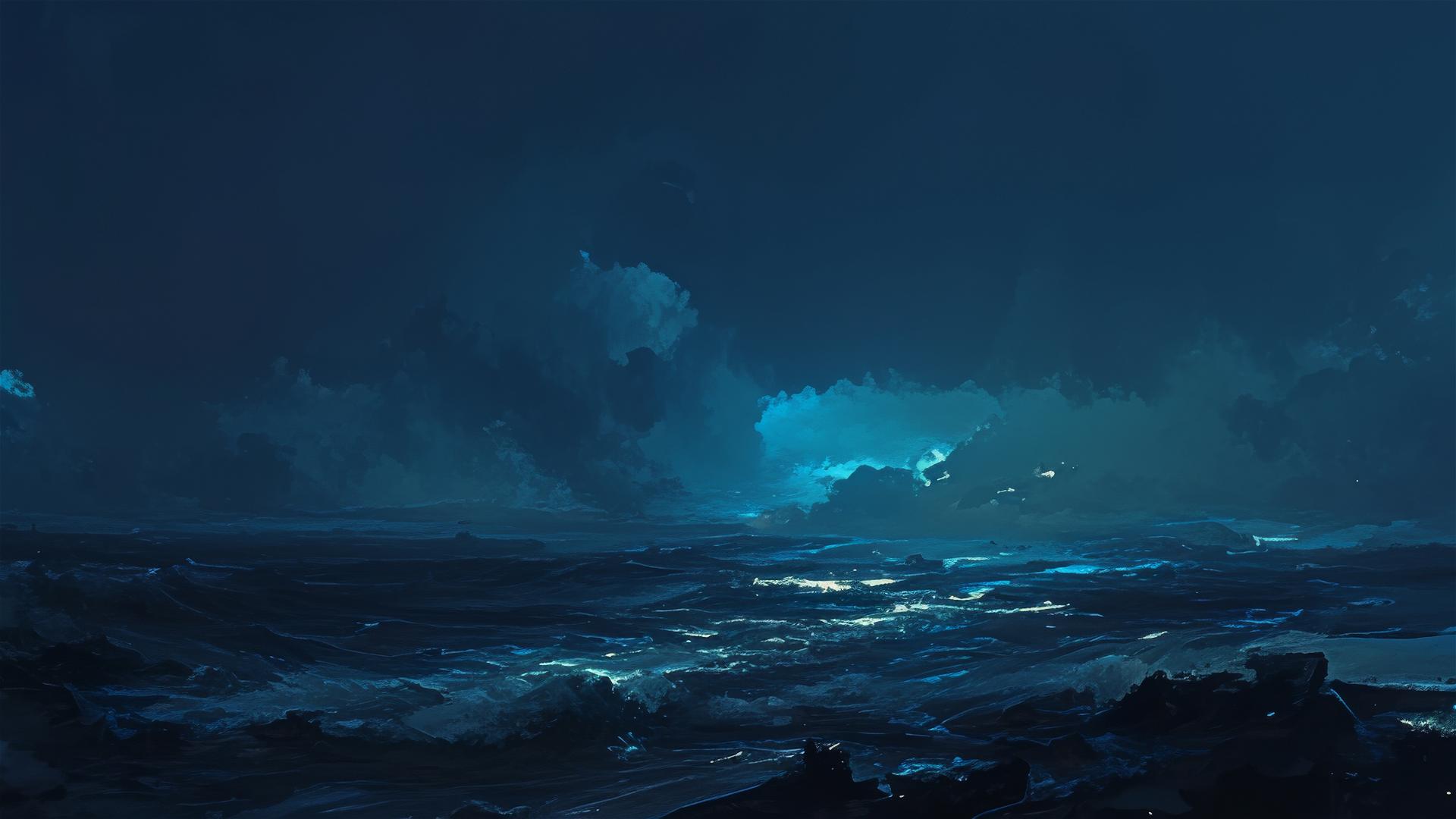 Aesthetic dark cliffside with ocean waves at night