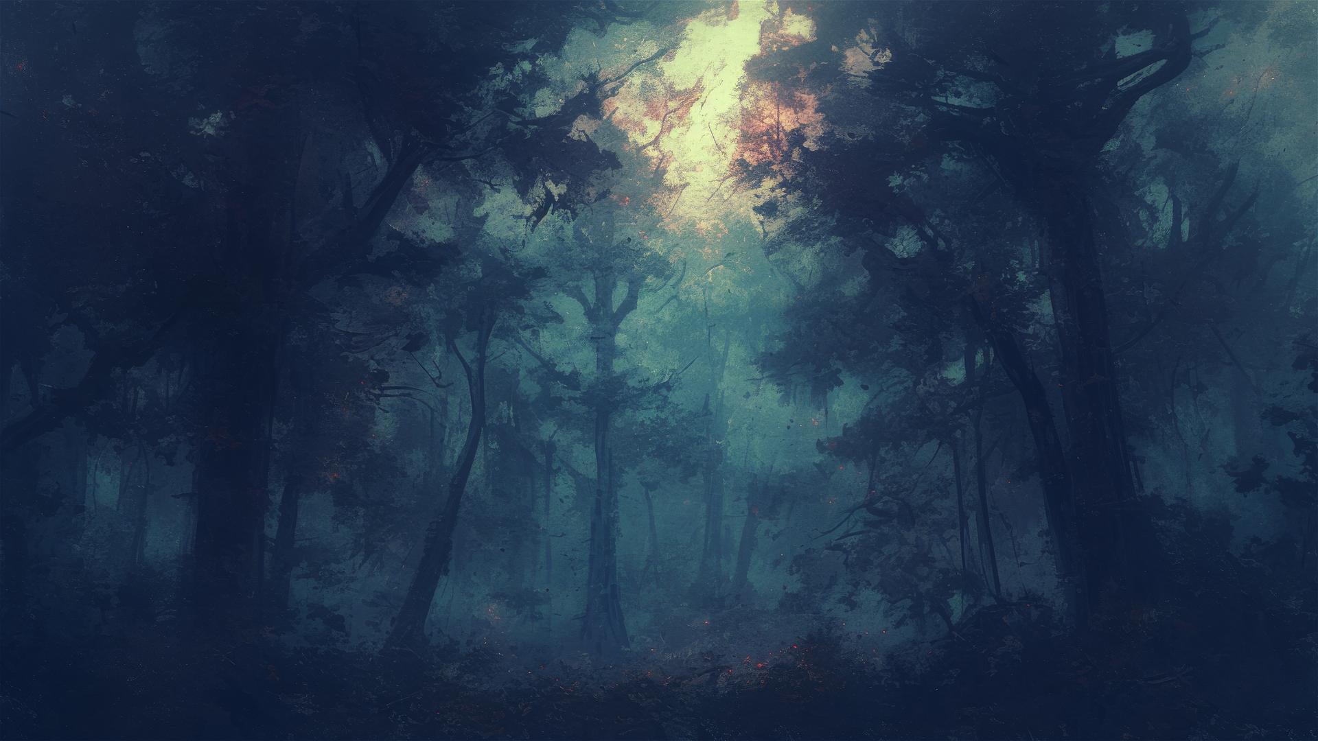 Dense black forest at dusk with impenetrable tree branches