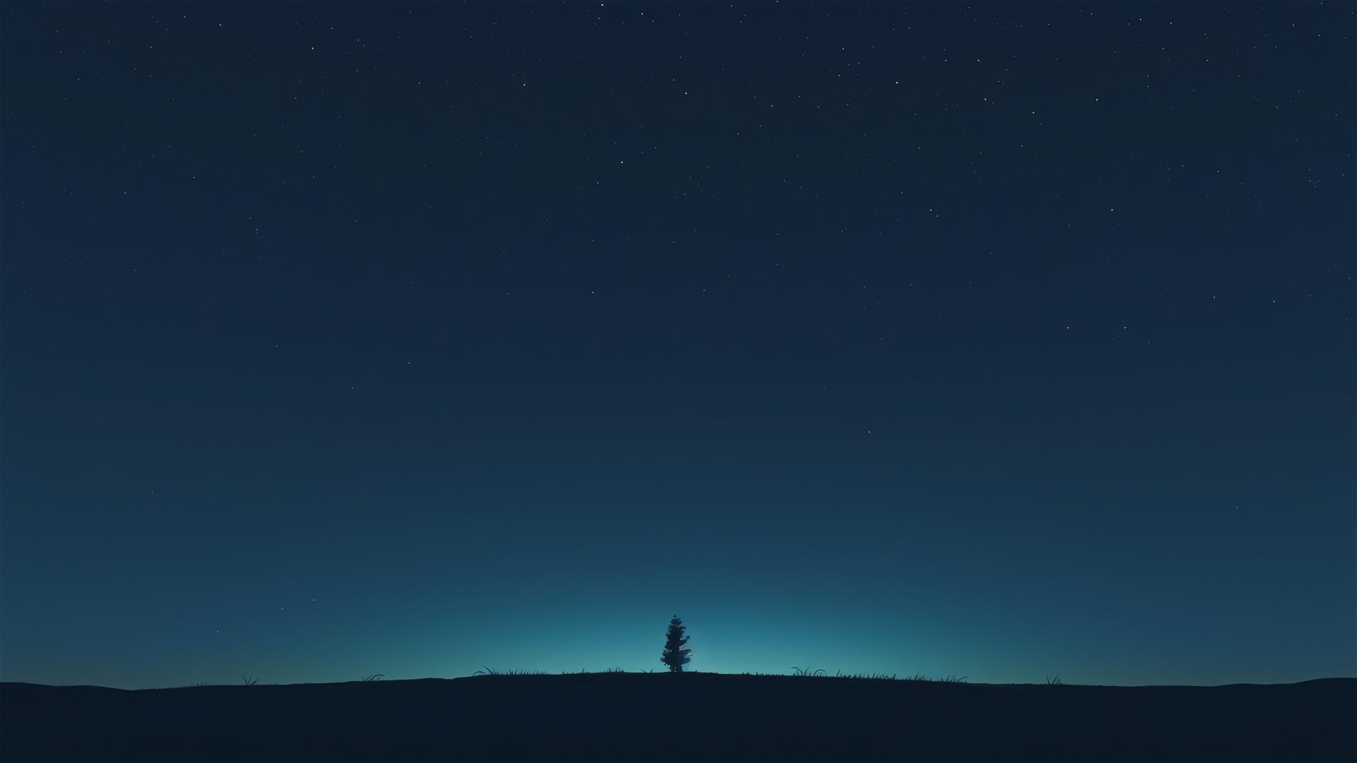 Silhouette of a lone pine against a pitch-black sky with faint stars