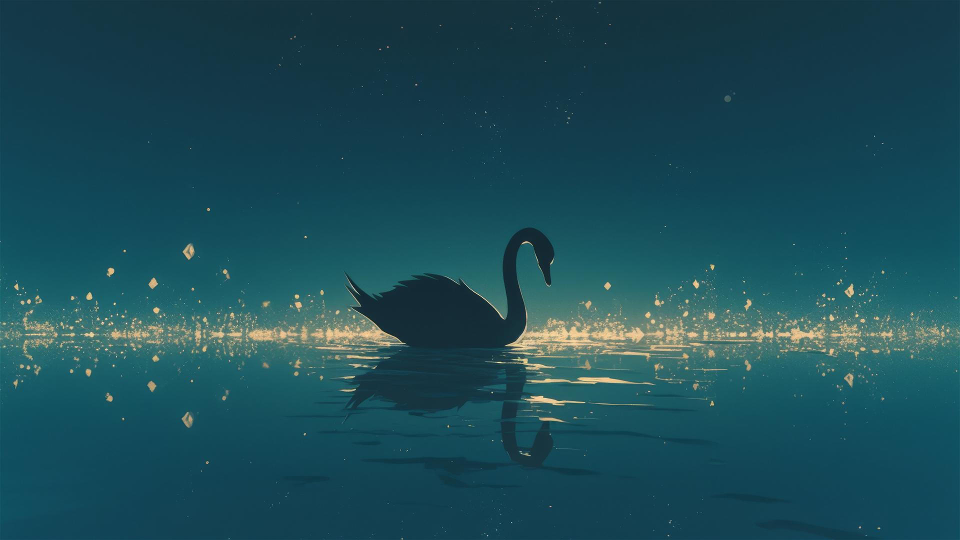 Aesthetic dark scene of a black swan on a midnight lake with blended outlines