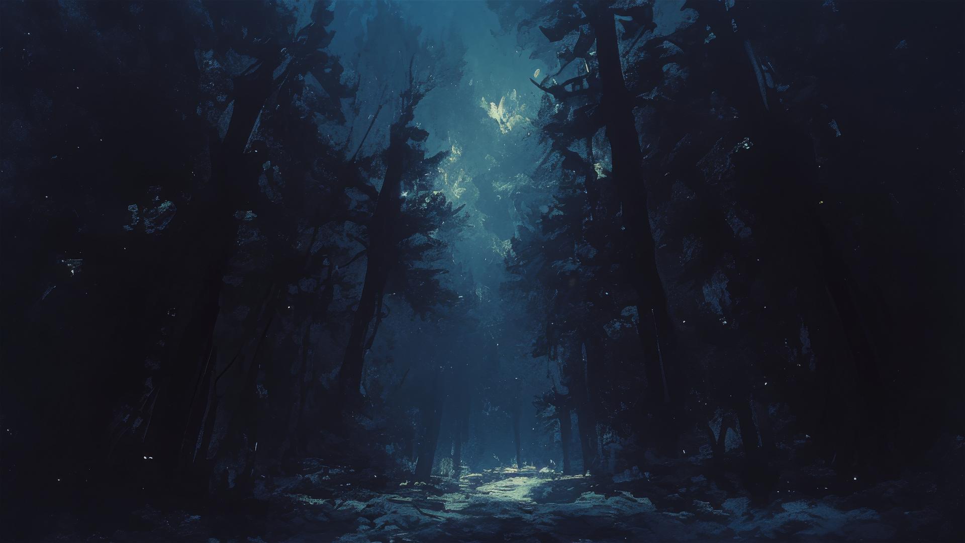 Dark forest of black pine under starless sky with silver stream