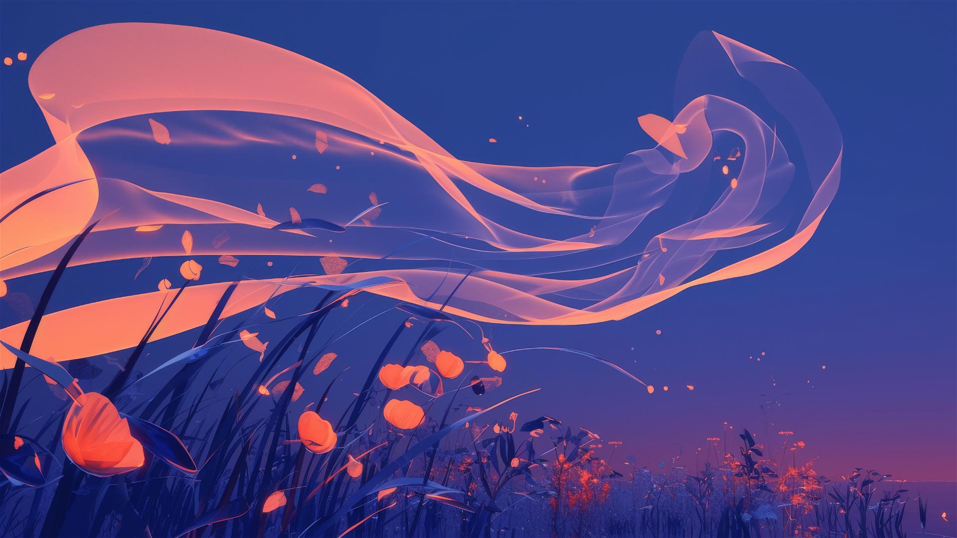 Aesthetic dark silk scarf floating in a gentle breeze at night