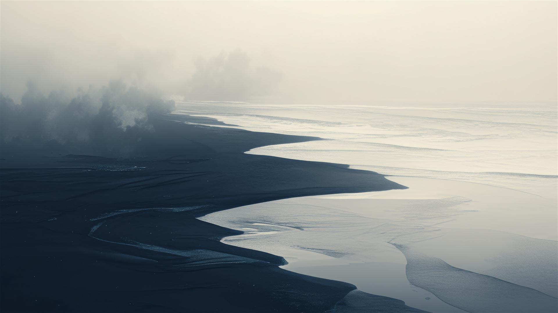 Dark deserted beach under a starless sky with waves crashing against black sand