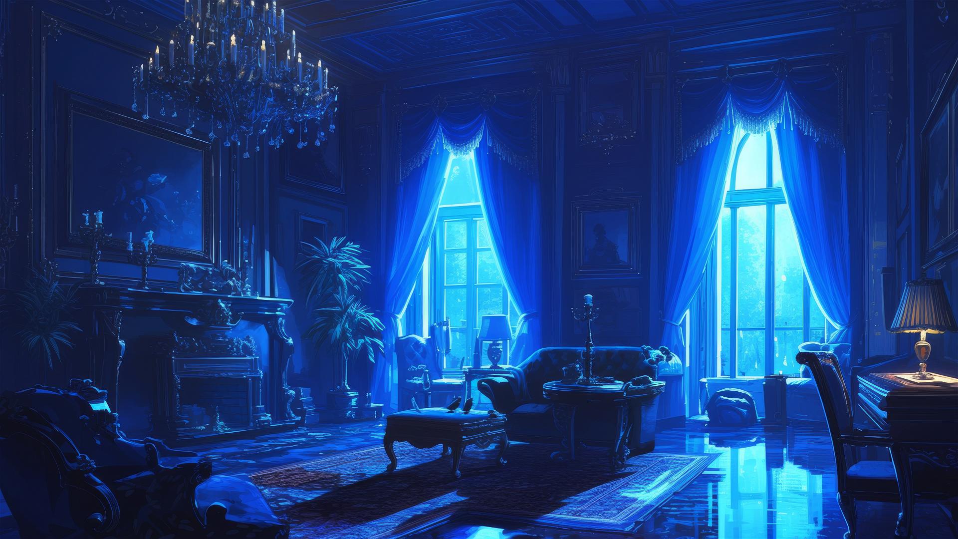 Victorian parlor at dusk with heavy curtains and deep blue shadows