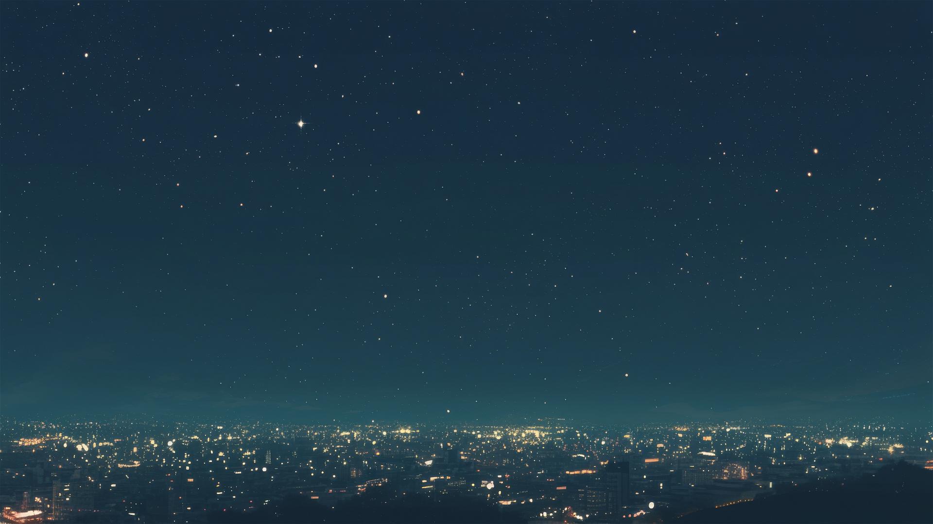 Aesthetic dark skyline from high balcony with city lights flickering like stars