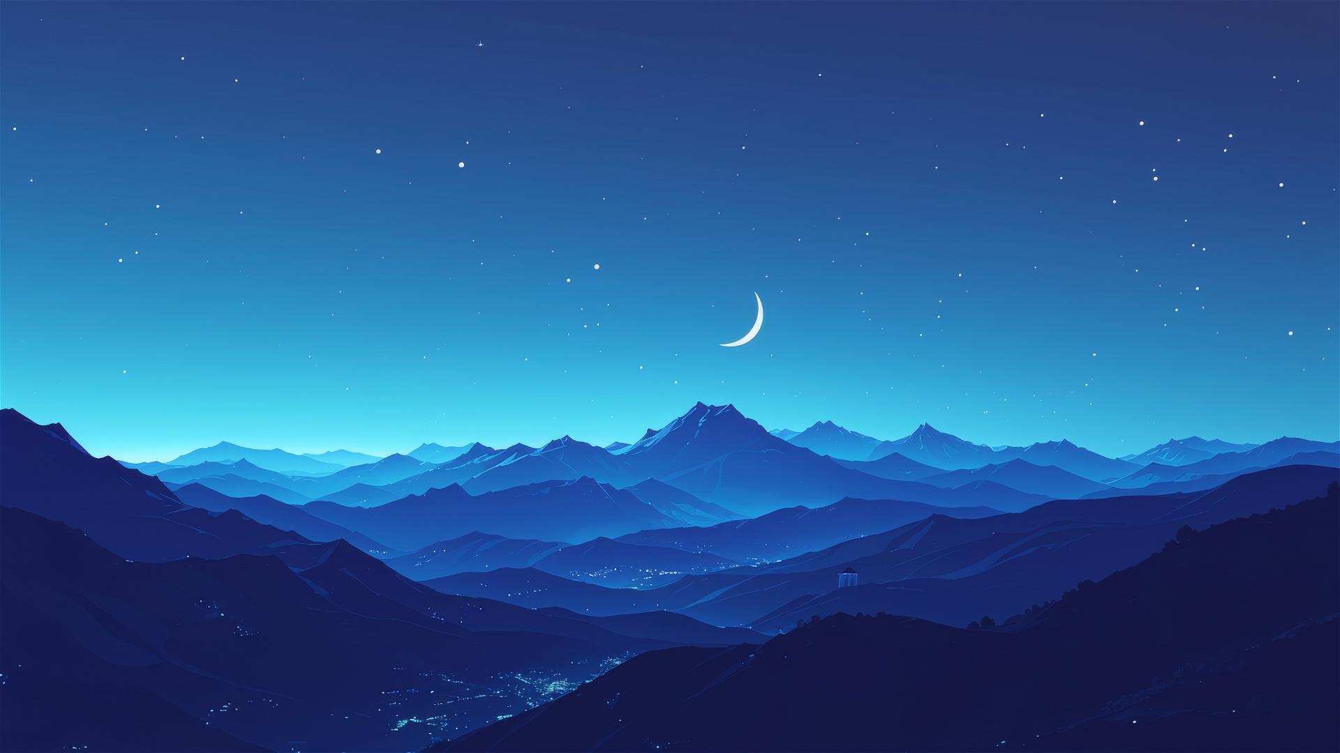 Dark mountain vista under a new moon with outlines barely visible against a deep blue night sky