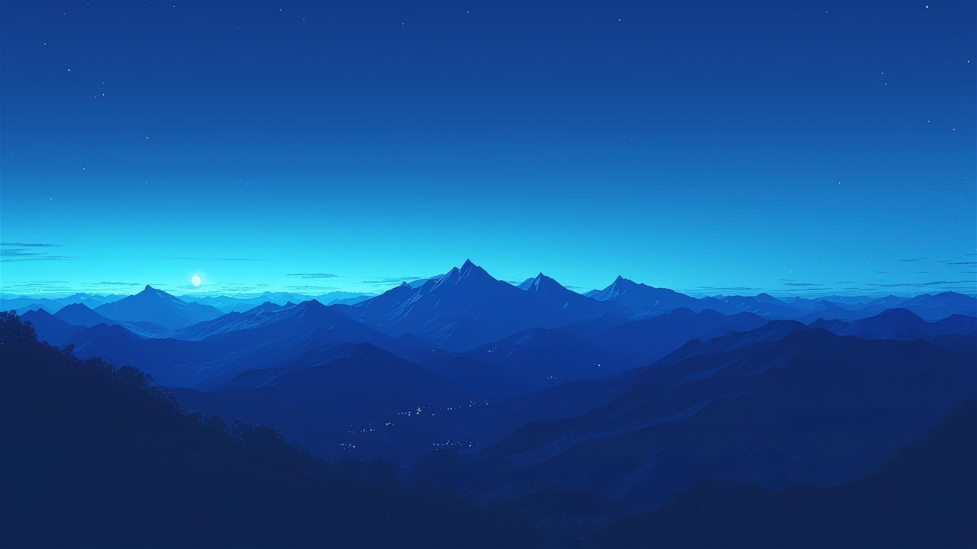 Dark mountain vista under a new moon, peaks outlined against a deep blue sky