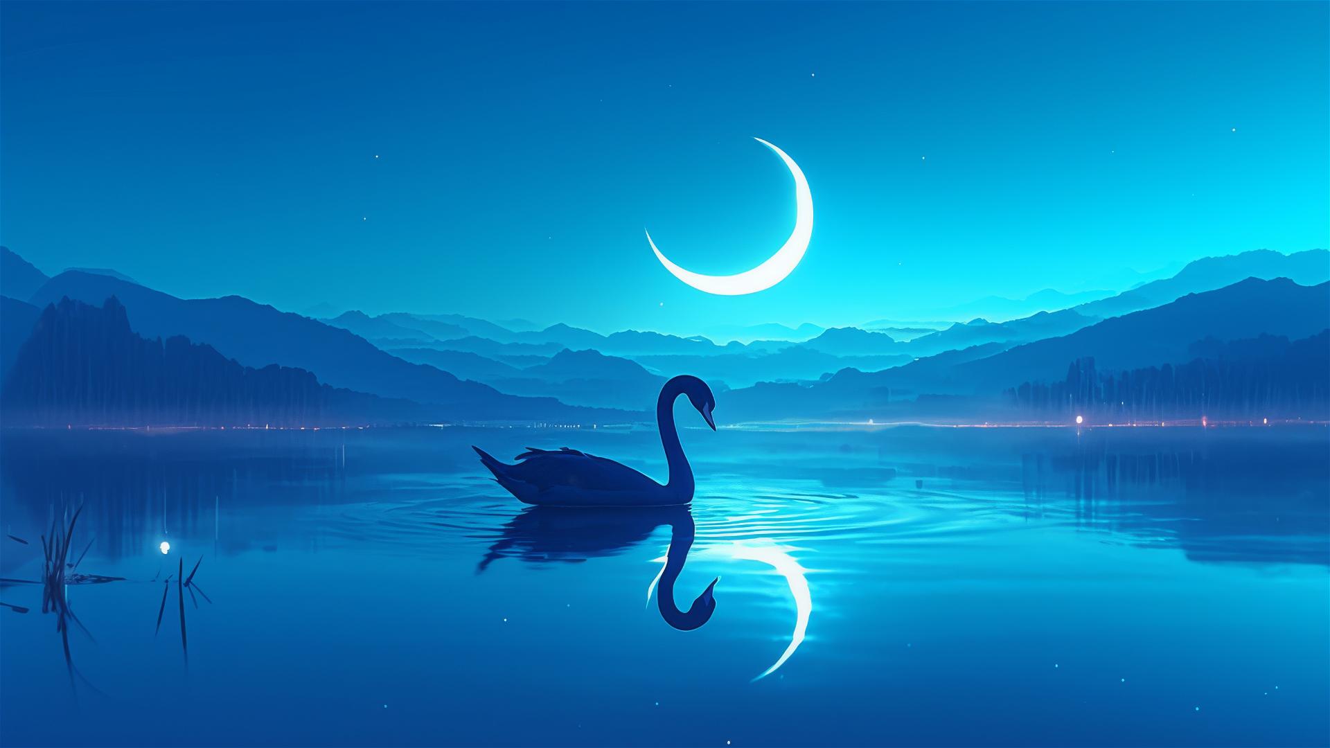 Black swan in a dark lake under a crescent moon, with a faint reflection