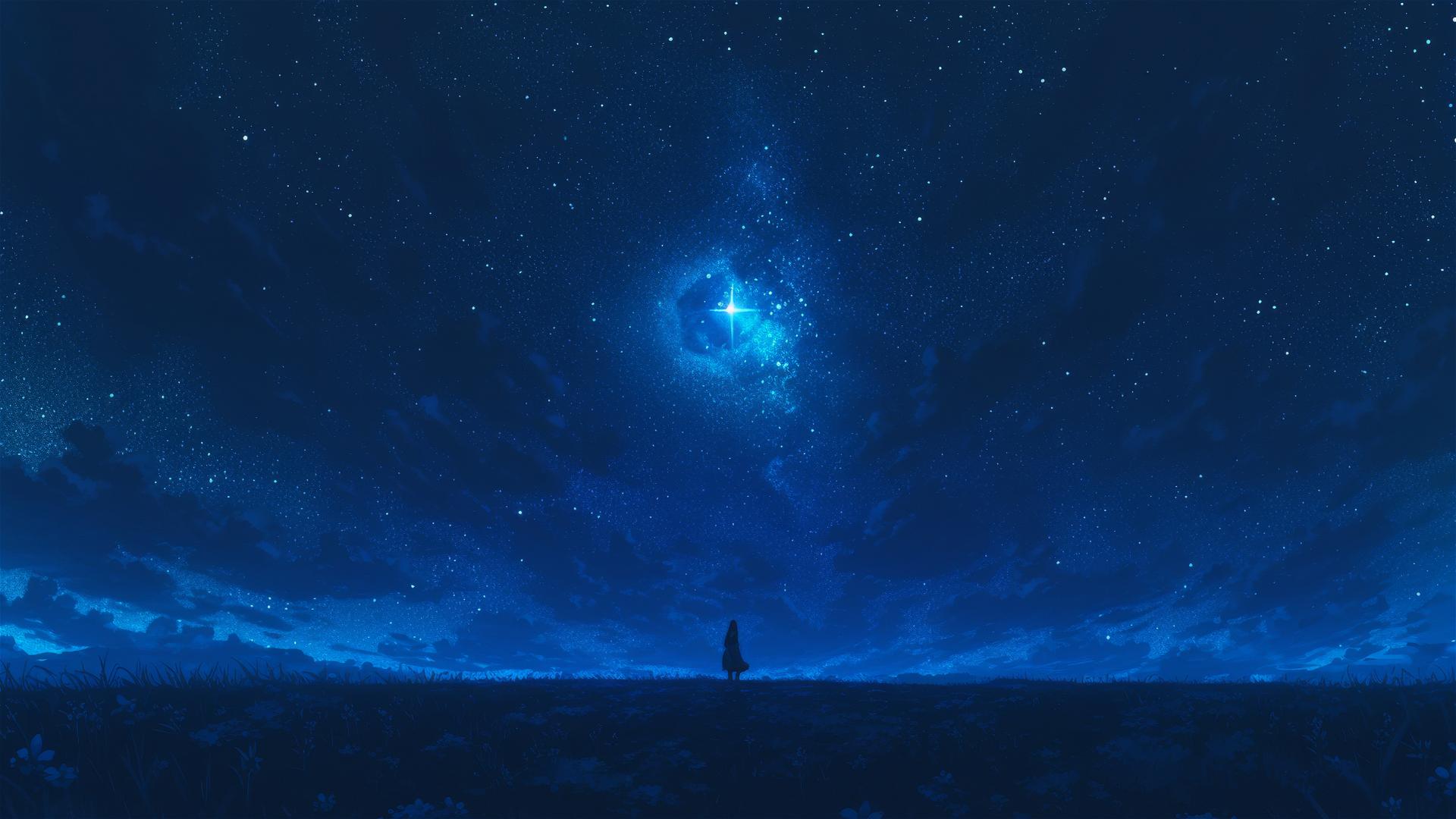 Aesthetic dark velvet sky with opal star over shadowed landscape
