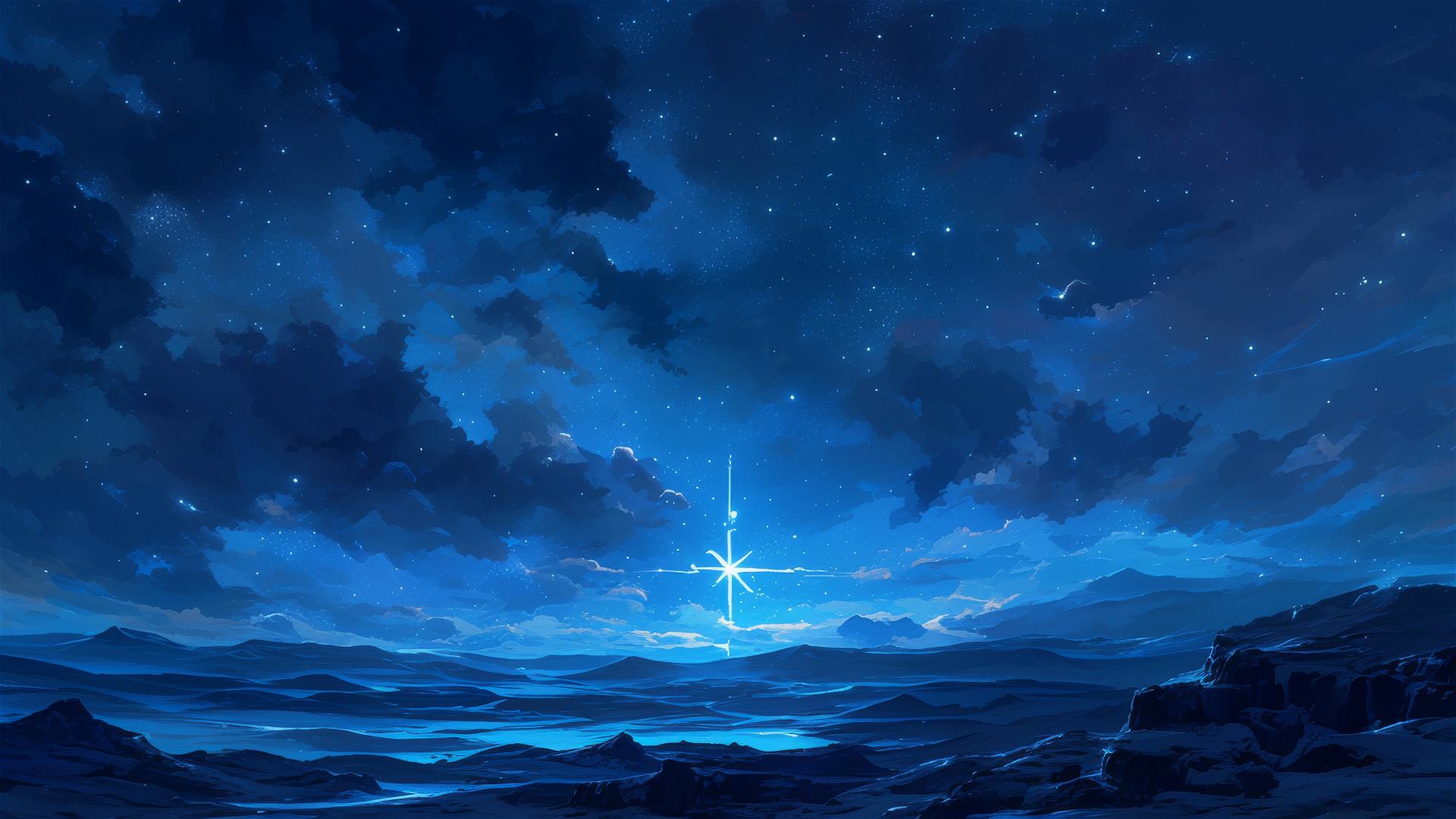 A solitary opal star in a dark velvet sky casting shadow over landscape
