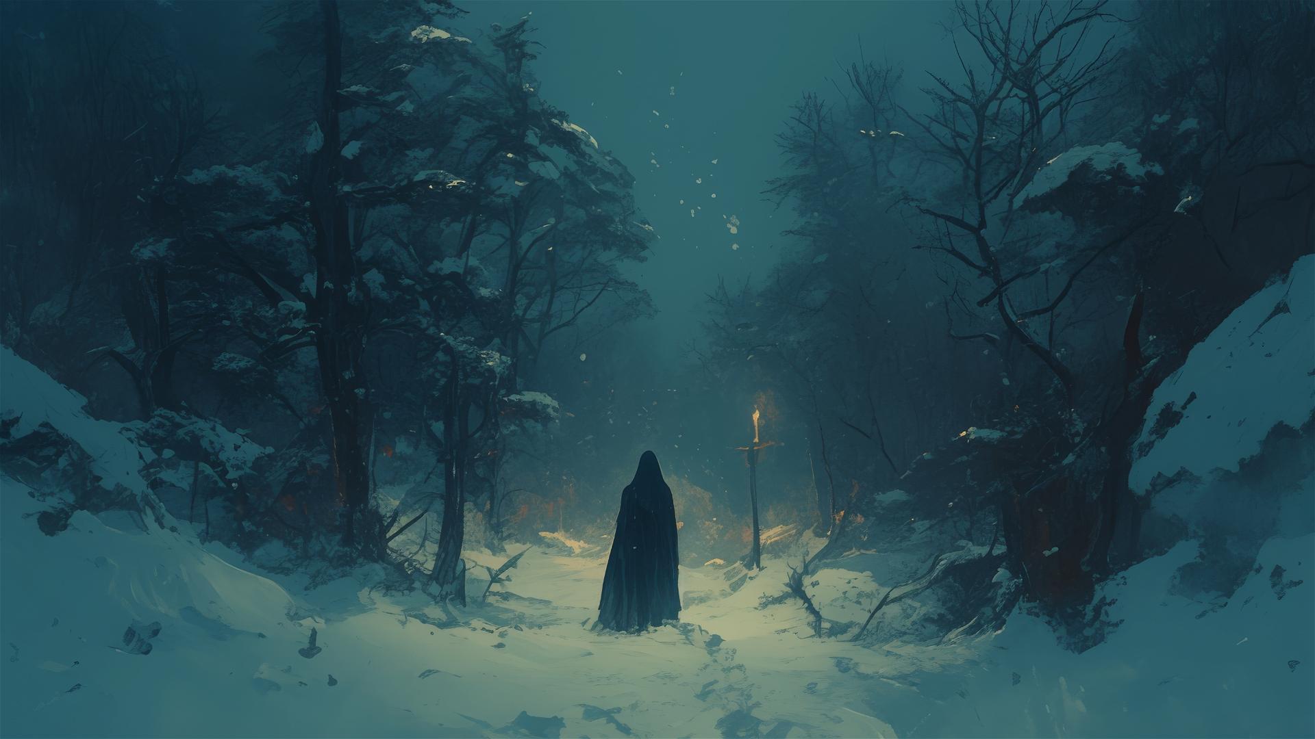 Snowy winter night with soft, muted darkness