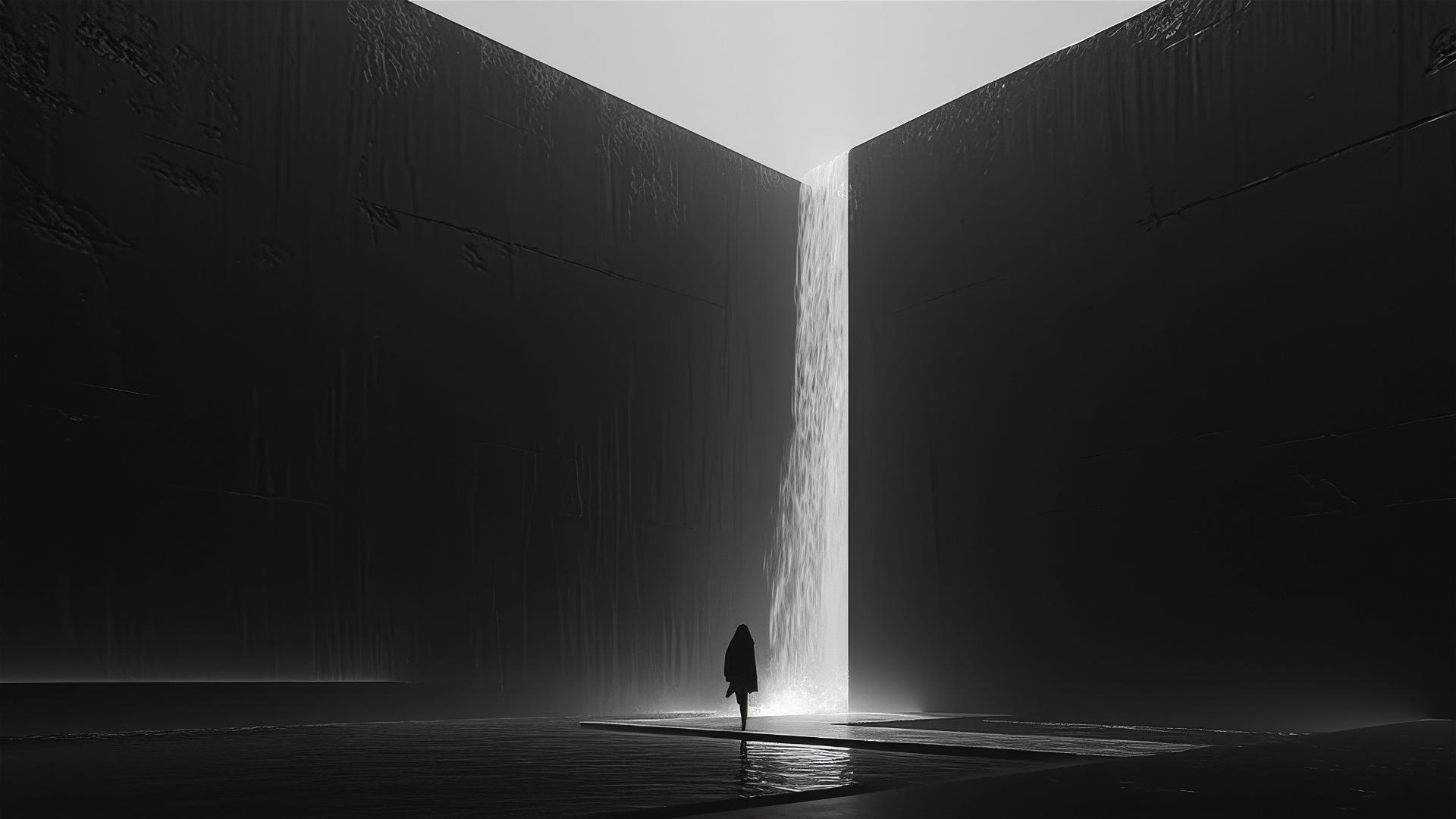 Minimalist aesthetic of a deep black waterfall silently falling into an abyss