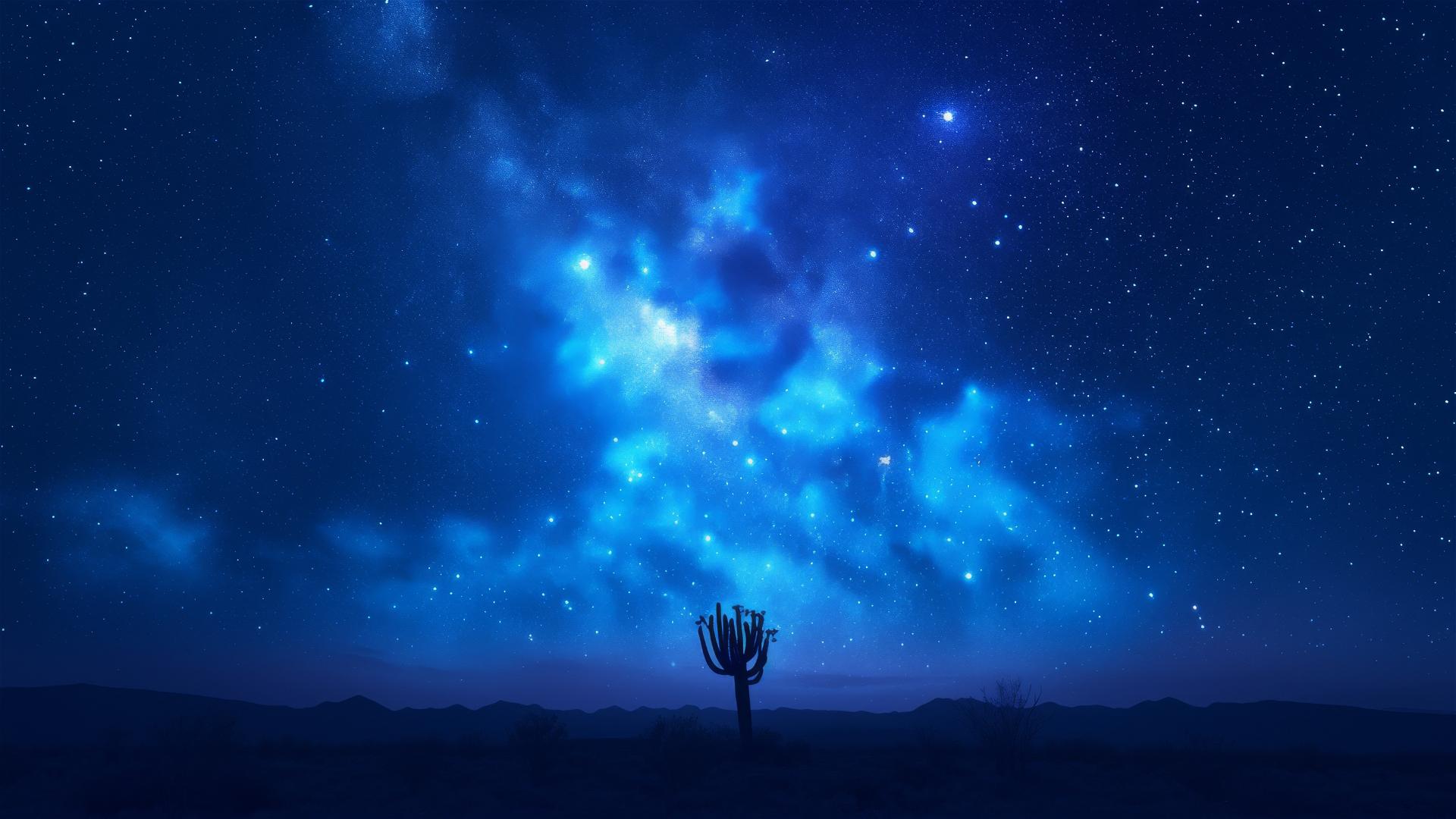 Silhouette of cactus under starry sky highlighting the contrast of life and space