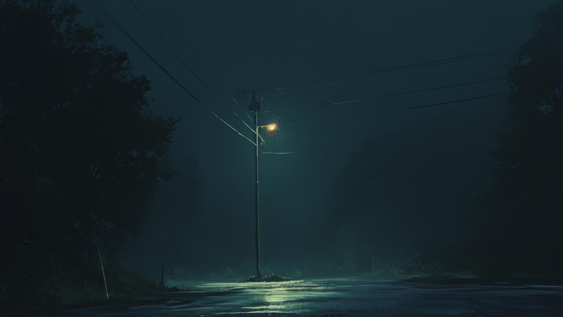 Dim streetlamp flickering on a dark empty street, mood is lonely and stark