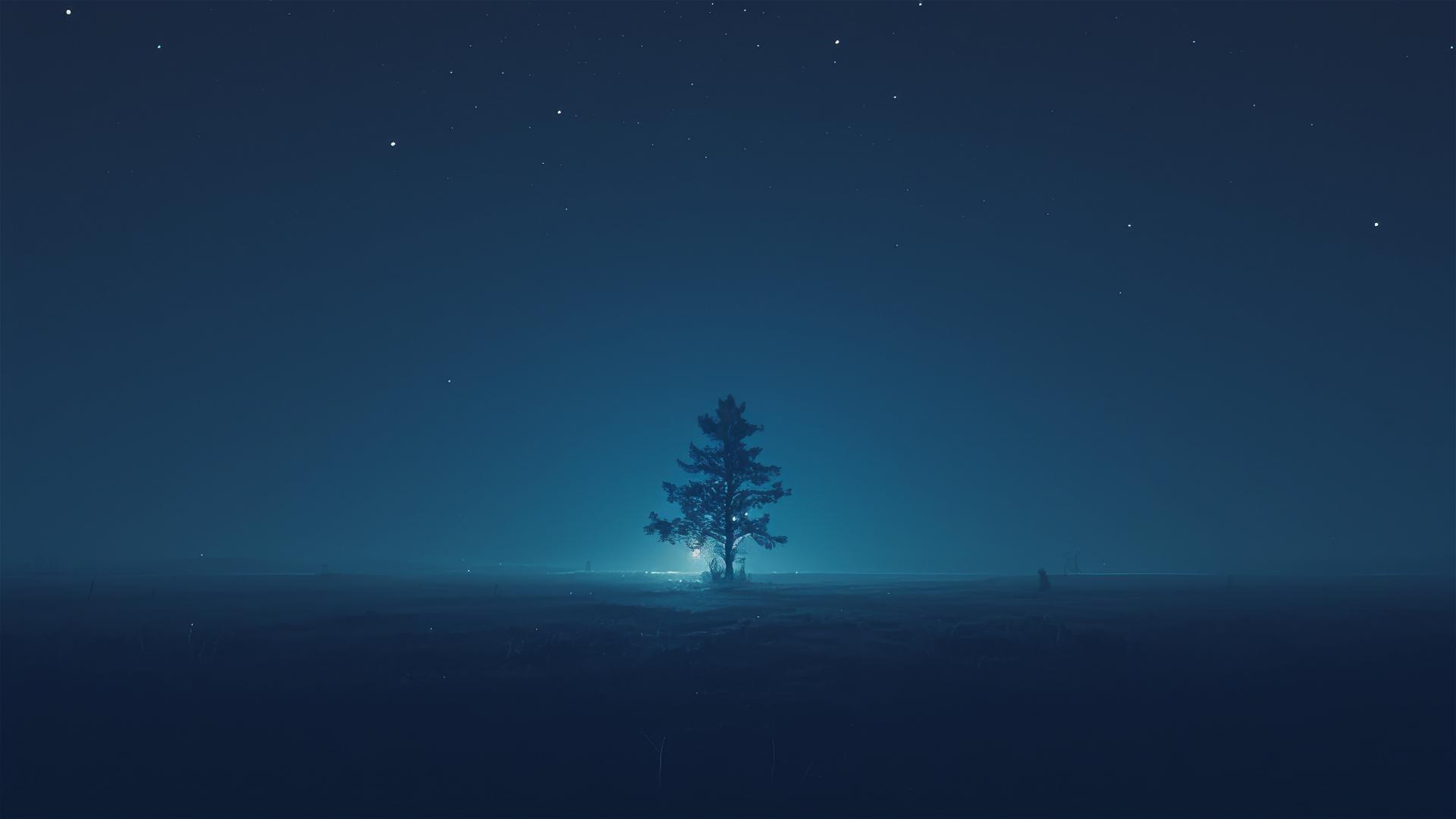 Lone pine silhouette in a dark scene under sparse starlight