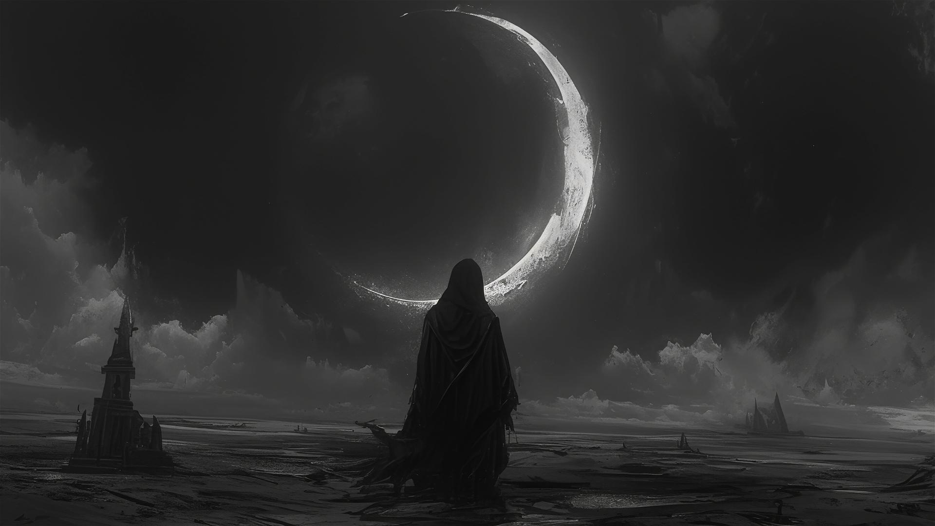 Crescent moon casting glow in black void