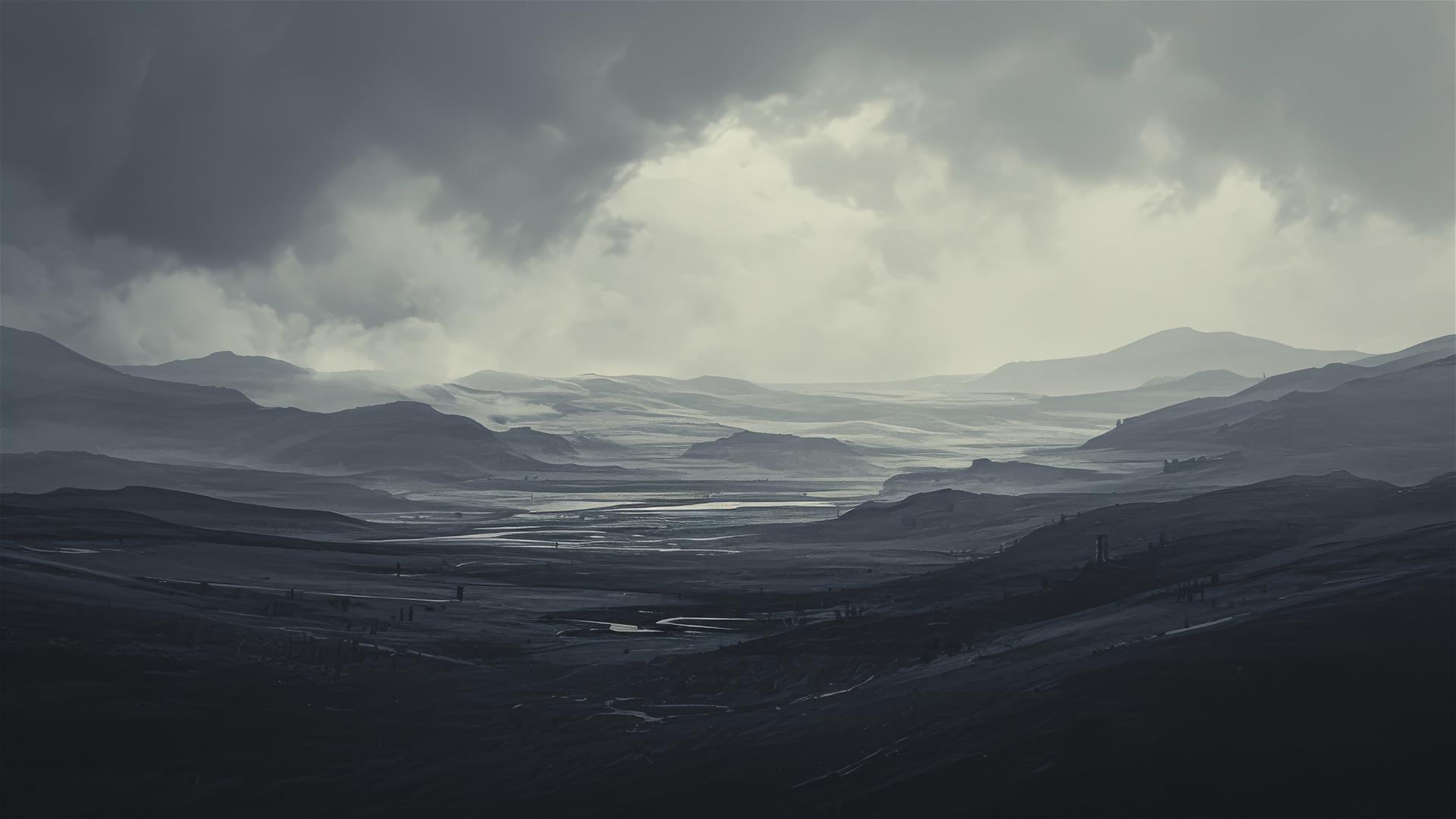 Dark plateau under starless sky with slate grey ground