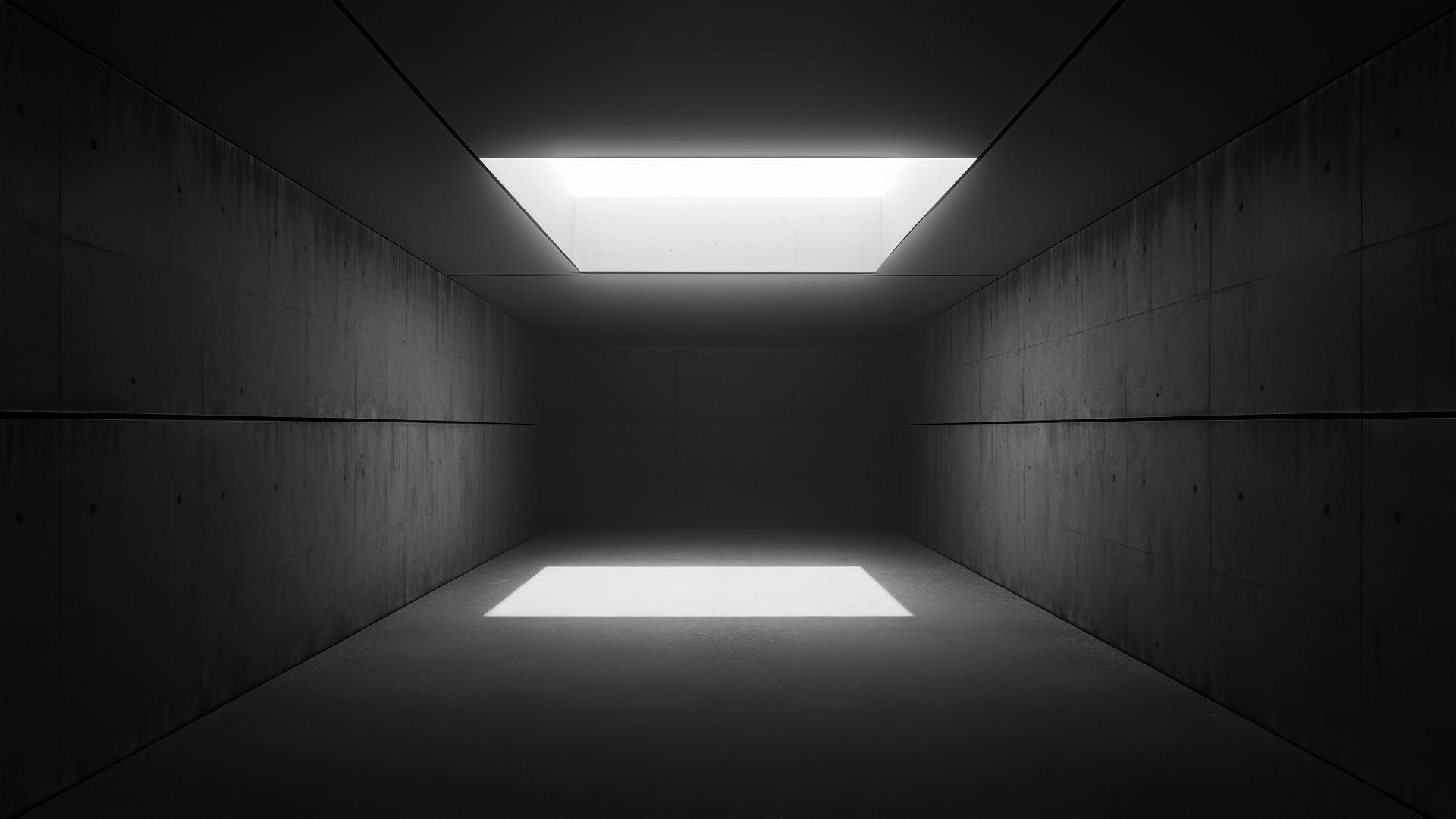 Aesthetic dark room where shadowy walls converge and a single light spot on the floor