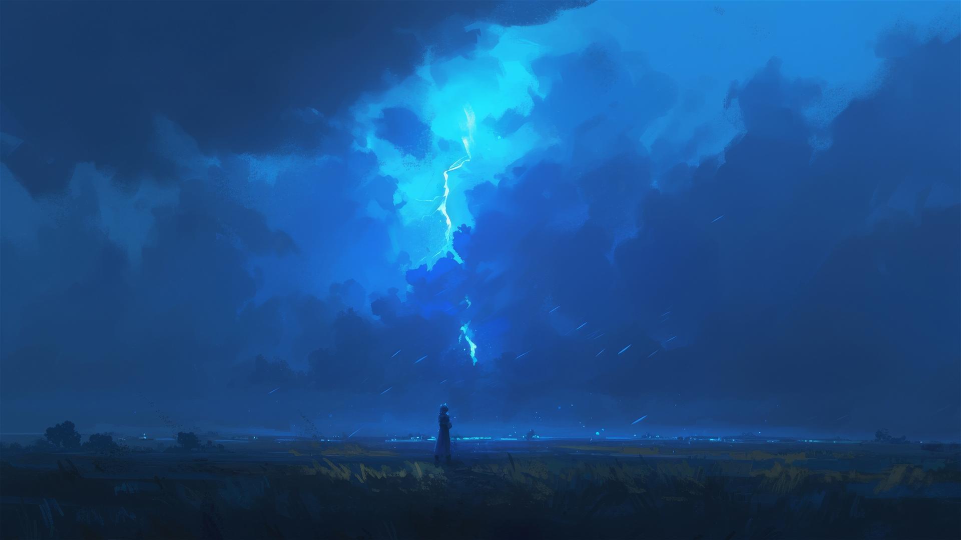 Black velvet sky with a bright lightning bolt revealing landscape below