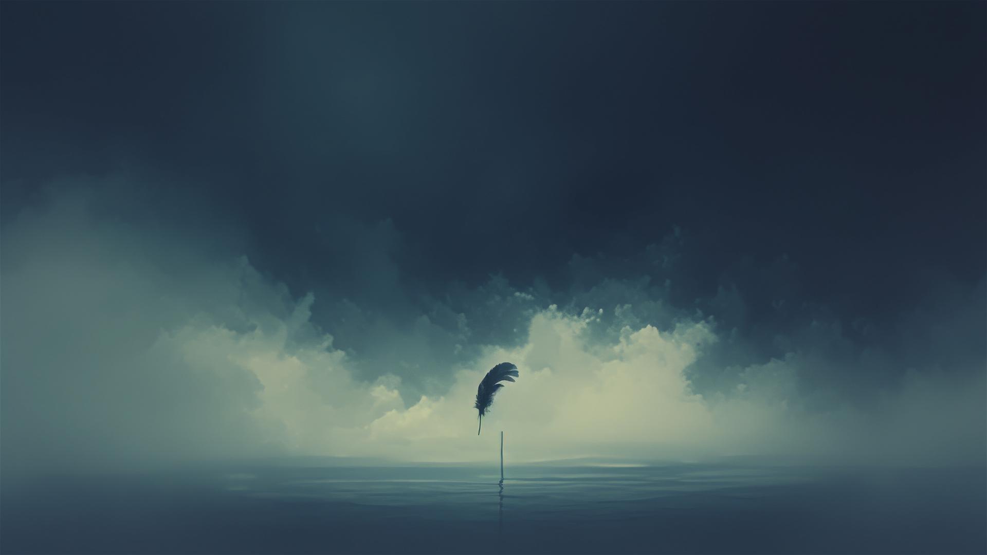 A single black feather floating down a dark stormy sky