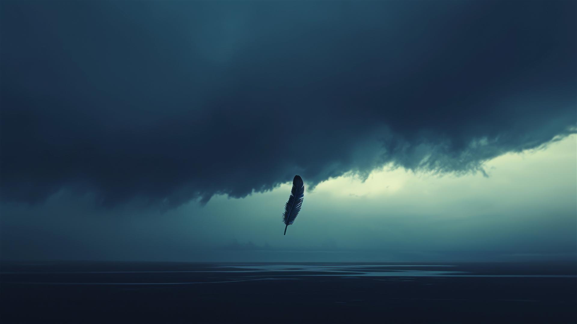 A single black feather floating down against a stormy sky