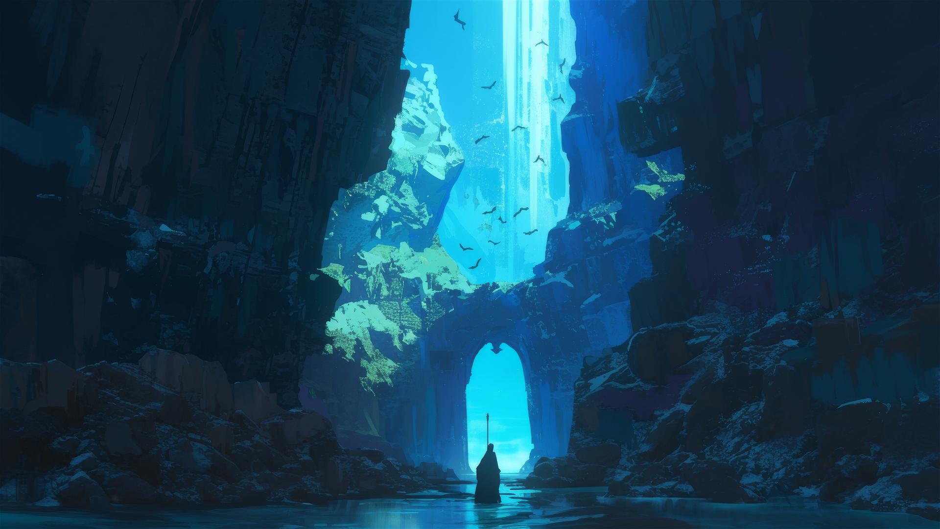 Dark cave entrance with a bat silhouette