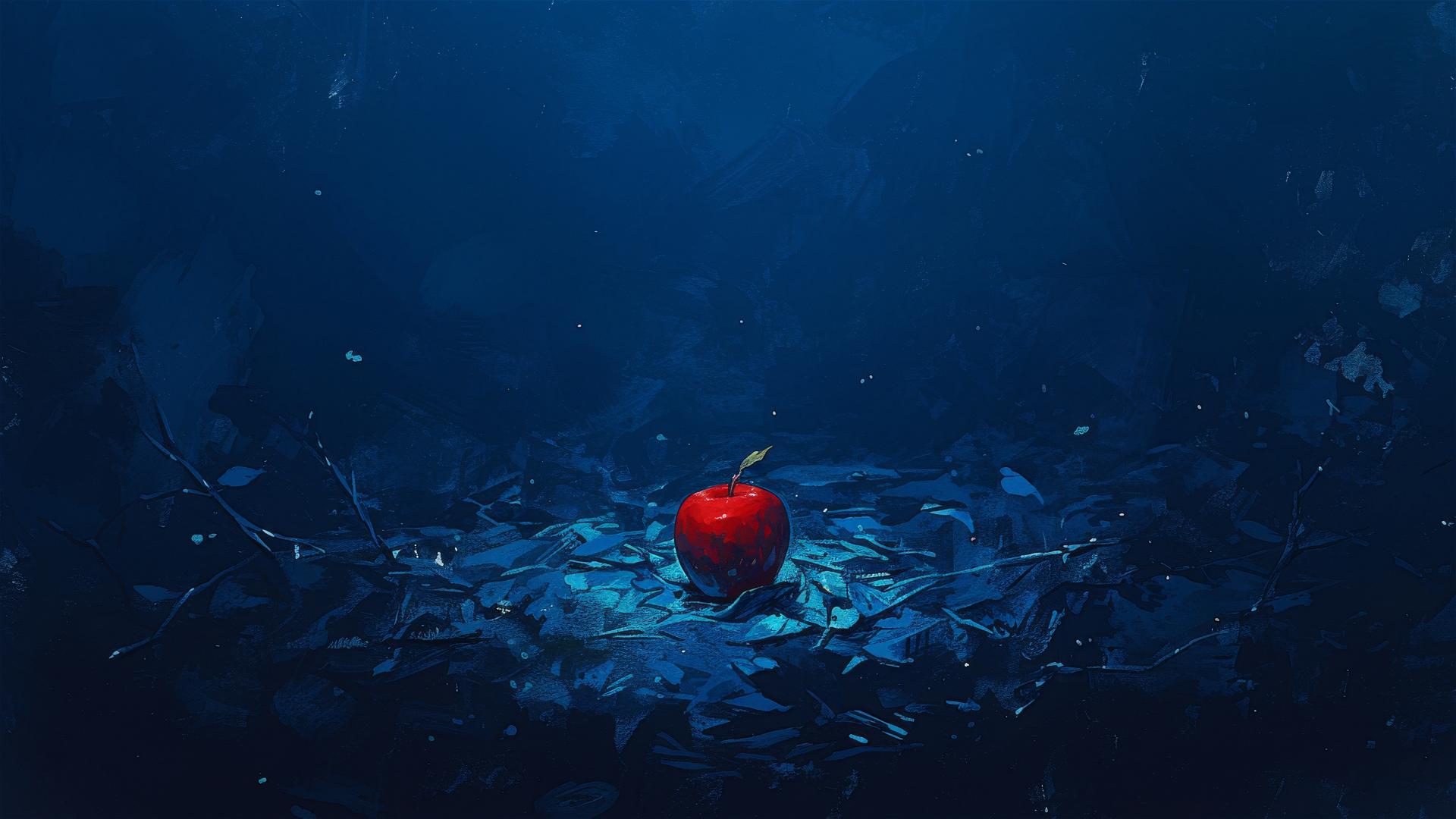 A bright red apple on a dark background