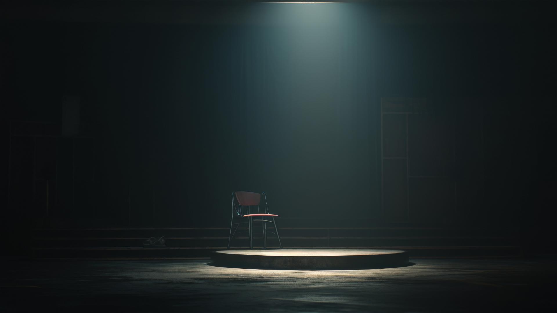 Aesthetic dark stage with spotlight on empty chair