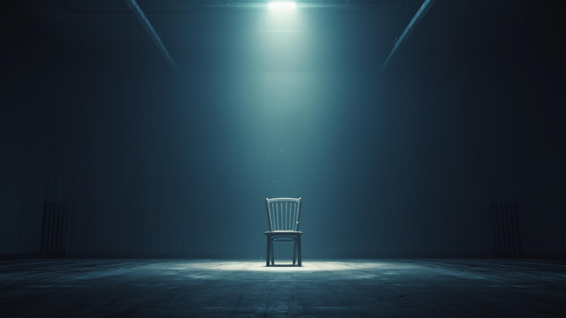 Single spotlight illuminating an empty chair on a dark stage