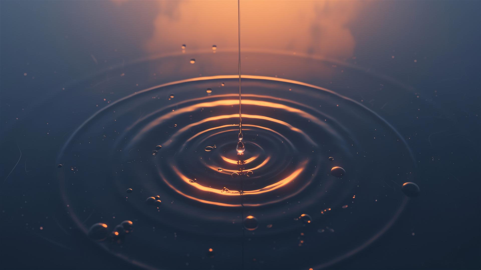 Aesthetic scene with a single droplet causing ripples in a dark, still pond, minimalism in motion, tranquil and reflective