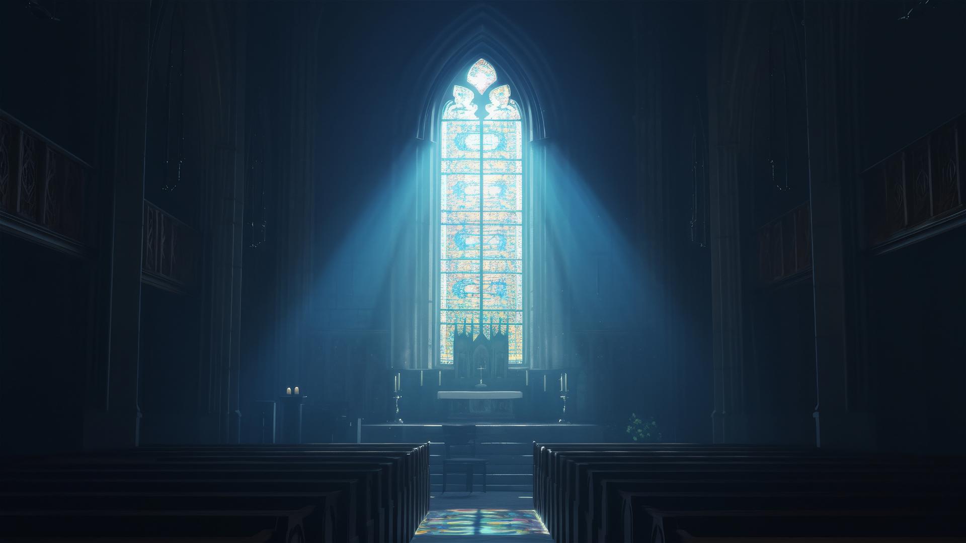 Stained glass window in a dark scene