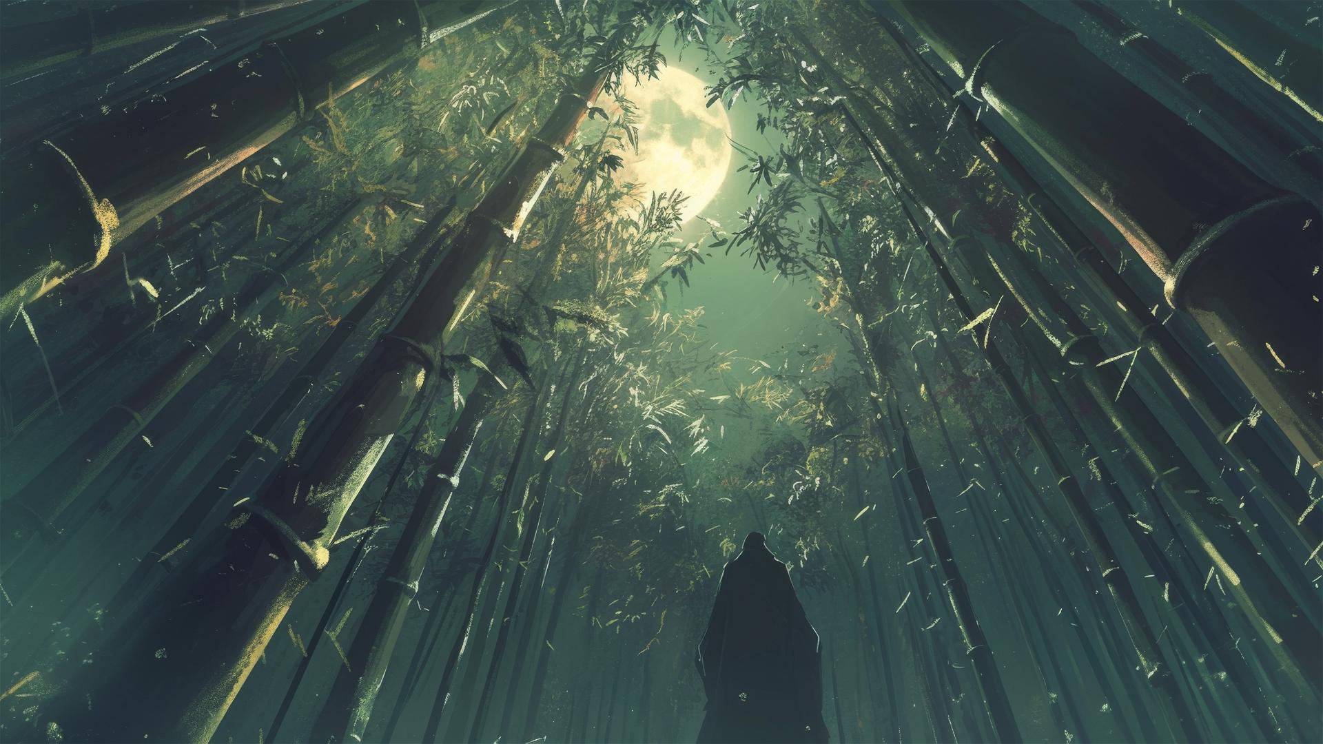 Dark bamboo grove during new moon creating a shadowy labyrinth