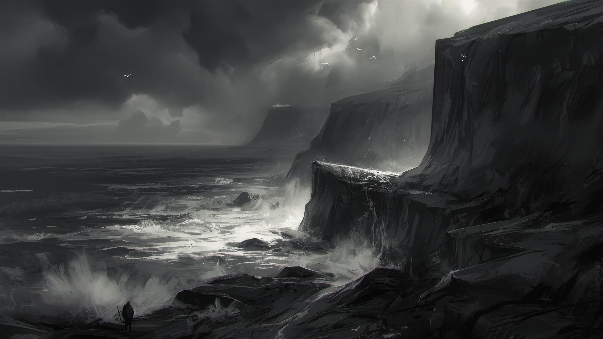 Dark cliffs and stormy sea under a moonless sky