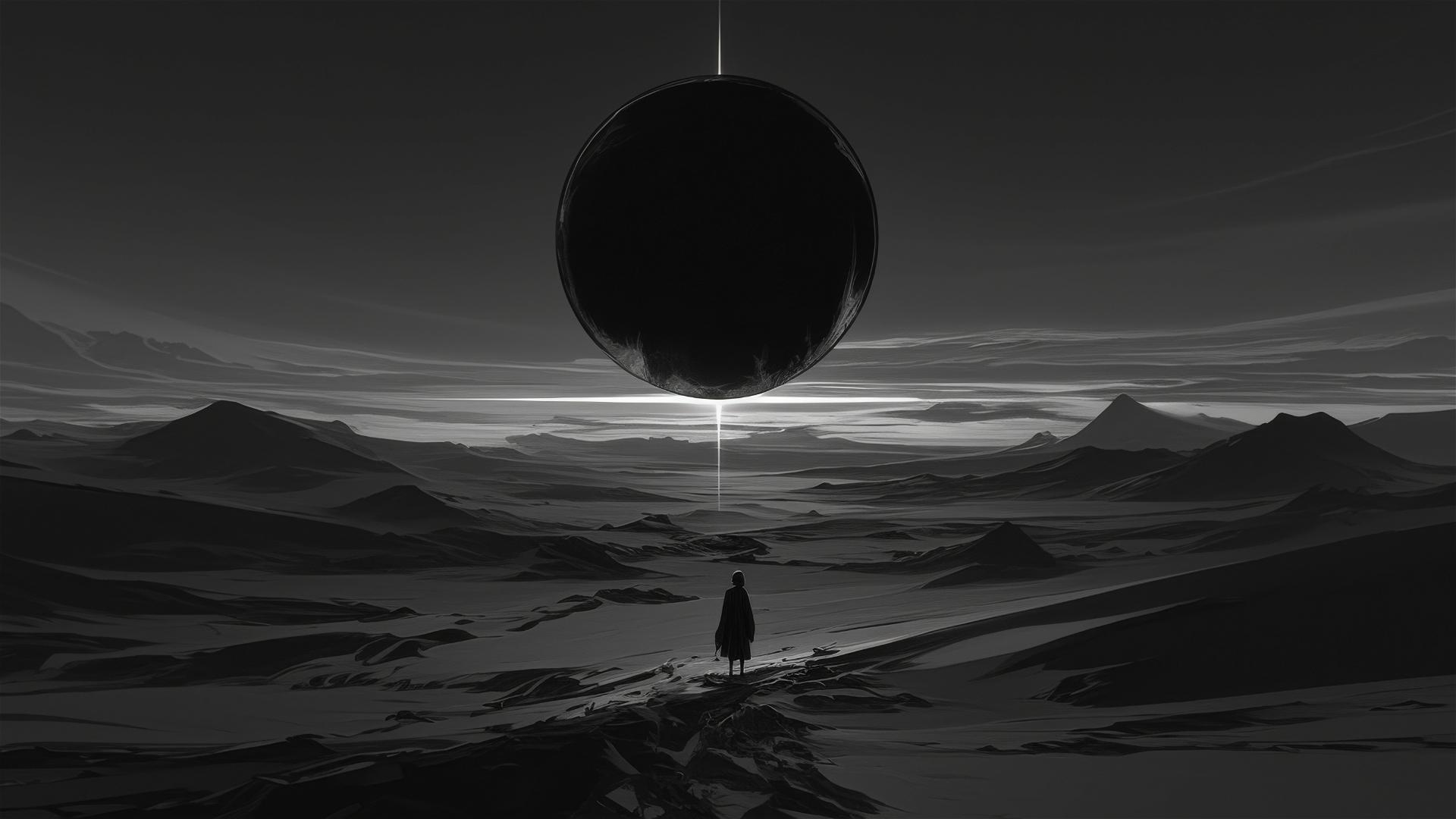 Aesthetic dark eclipse over a desolate desert with unusual shadows